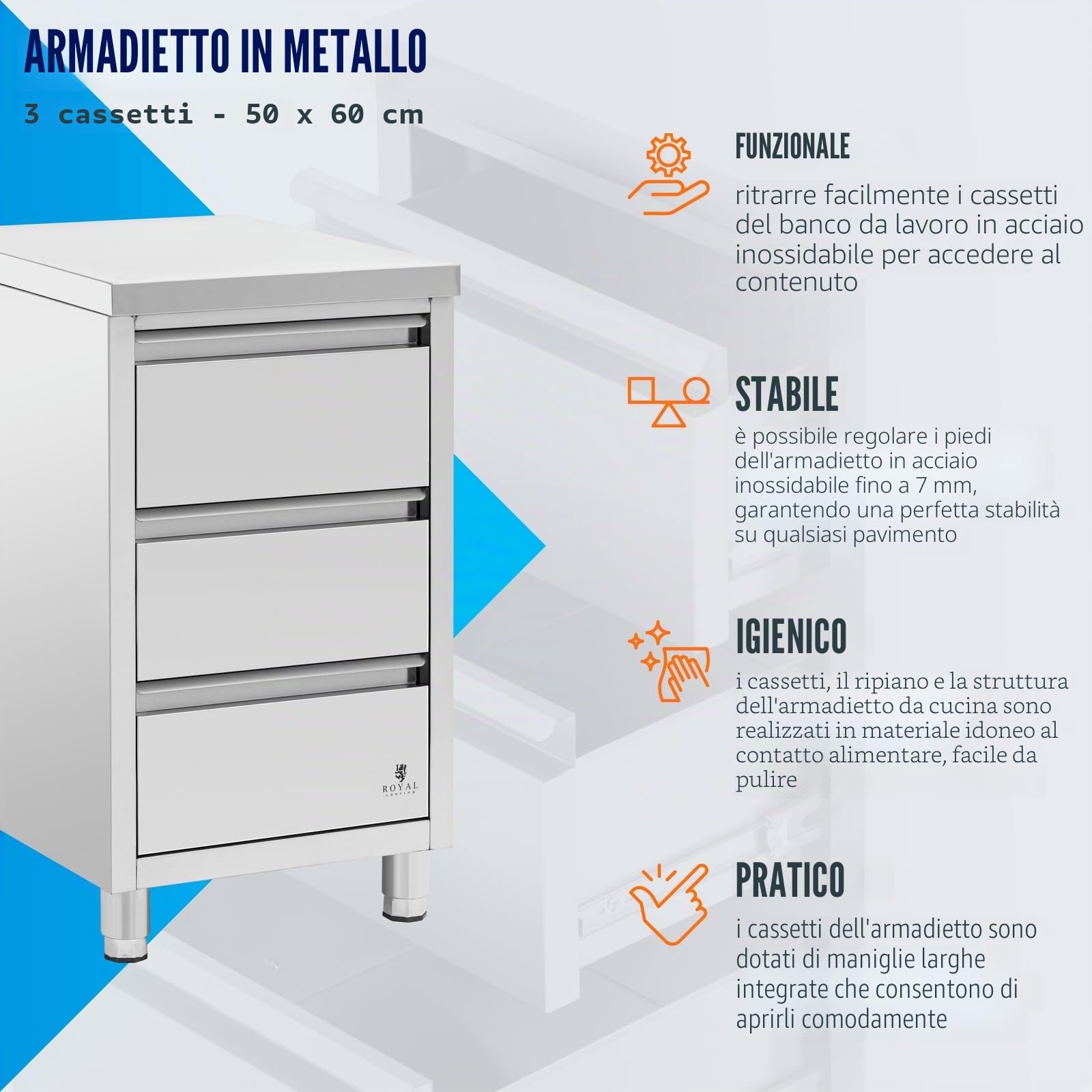 Royal Catering RCCD-3S - Armadio da lavoro in acciaio INOX con 3 cassetti, 50 x 60 cm, altezza regolabile, in acciaio INOX