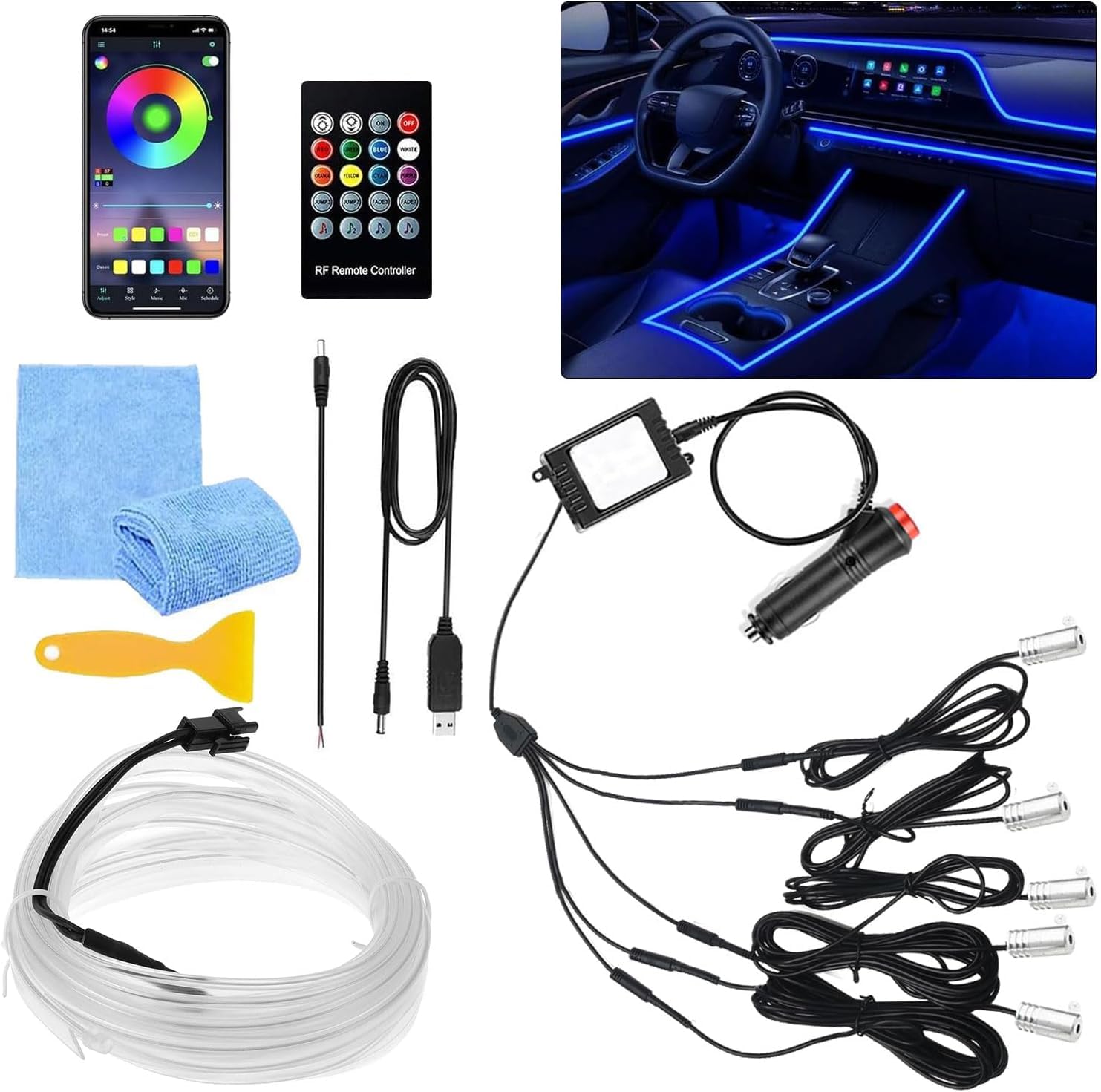 Sunshine smile Auto LED Innenbeleuchtung,6M/5 in 1 RGB Auto,12V Led Atmosphäre Licht,App+Fernbedienung Control steuerbare Innenbeleuchtung Laser,Mehrfarbige Ambientebeleuchtung