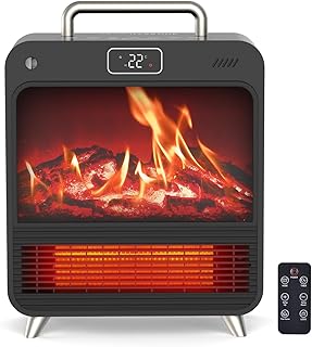 Heizlüfter Energiesparend 1500W, PTC Keramik Heizung mit 4 Modi & Thermostat, Erlebe leisen Komfort im Schlafzimmer mit Kaminofen-Imitation Holzofeneffekt, Überhitzungs- & Kippschutz sowie 12H Timer