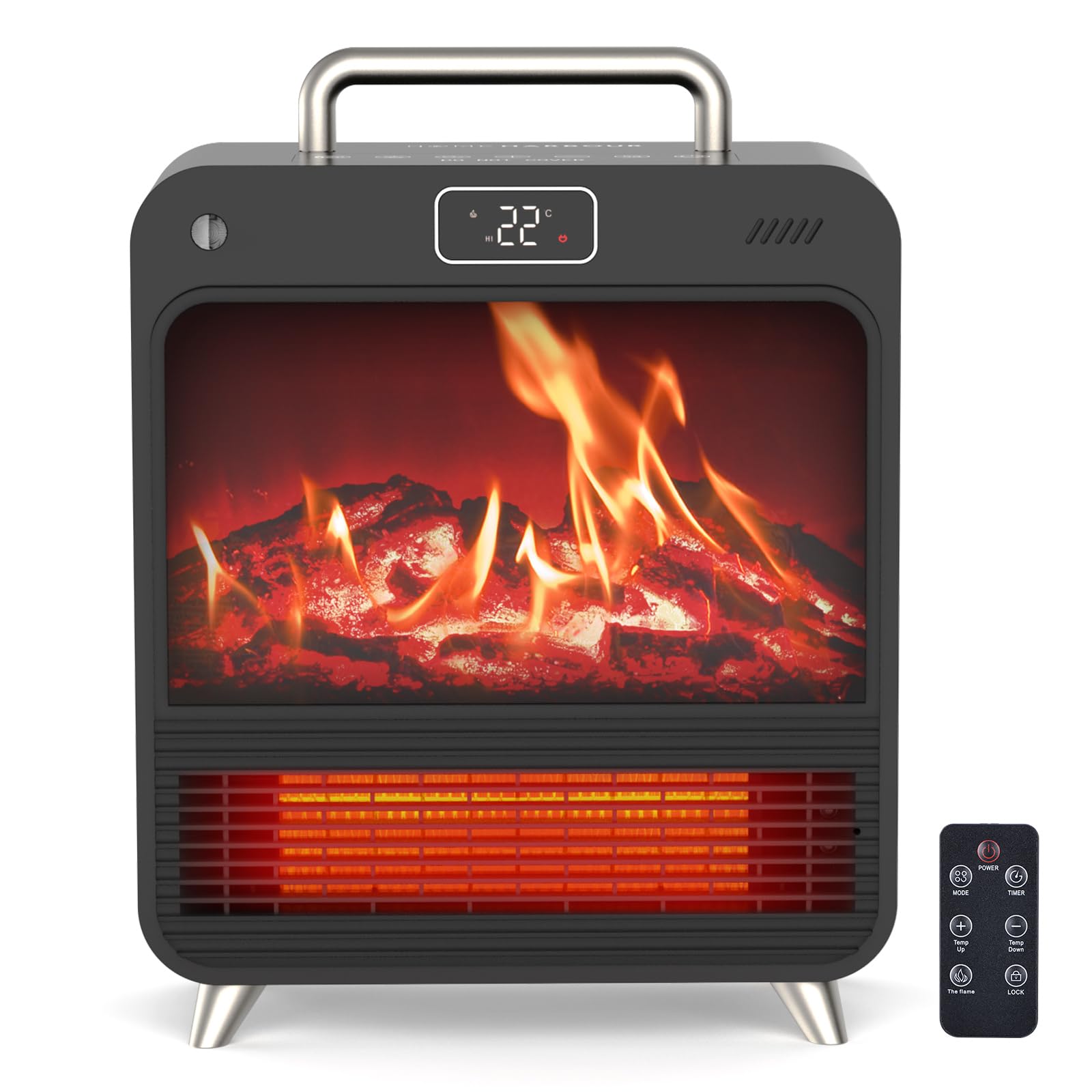 Stufetta Elettrica Basso Consumo 1500W - Termoventilatore da Bagno con 4 Modalità (ECO), Effetto Stufa a Legna, Telecomando, Timer, Protezione Sicurezza - Riscaldatore PTC Ceramico per Interni