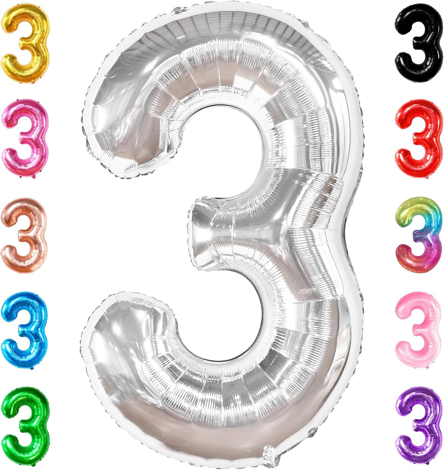 KatchOn, Big Silver Number 3 Balloon - 40 Inch | 3 Birthday Balloon, 3rd Birthday Decorations for Girls | 3 Balloon Number, 3 Year Old Balloons Birthday | Silver 3rd Birthday Decorations for Boys