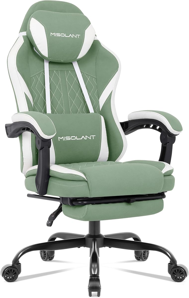 Gaming Chair, Fabric Gamer Chair with footrest for Adults, High Back Ergonomic Computer Game Chair with Adjustable Headrest and Massage Lumbar Support, 90-155° Recline Free, Green