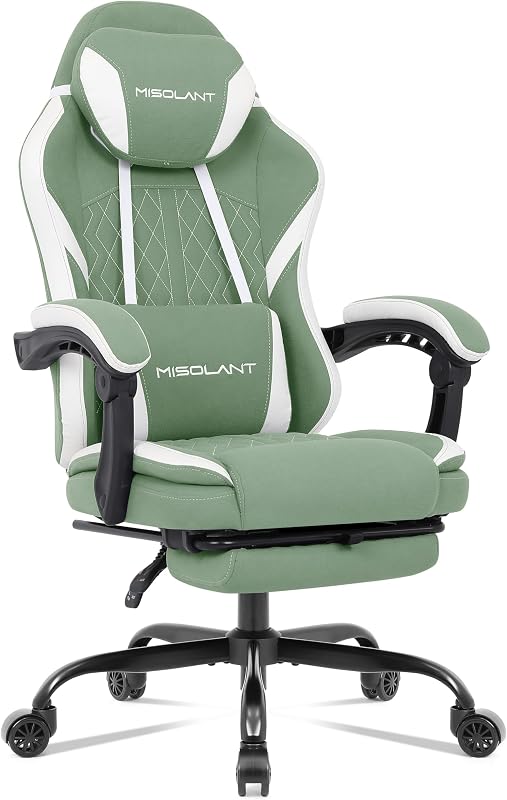Gaming Chair, Fabric Gamer Chair with footrest for Adults, High Back Ergonomic Computer Game Chair with Adjustable Headrest and Massage Lumbar Support, 90-155° Recline Free, Green