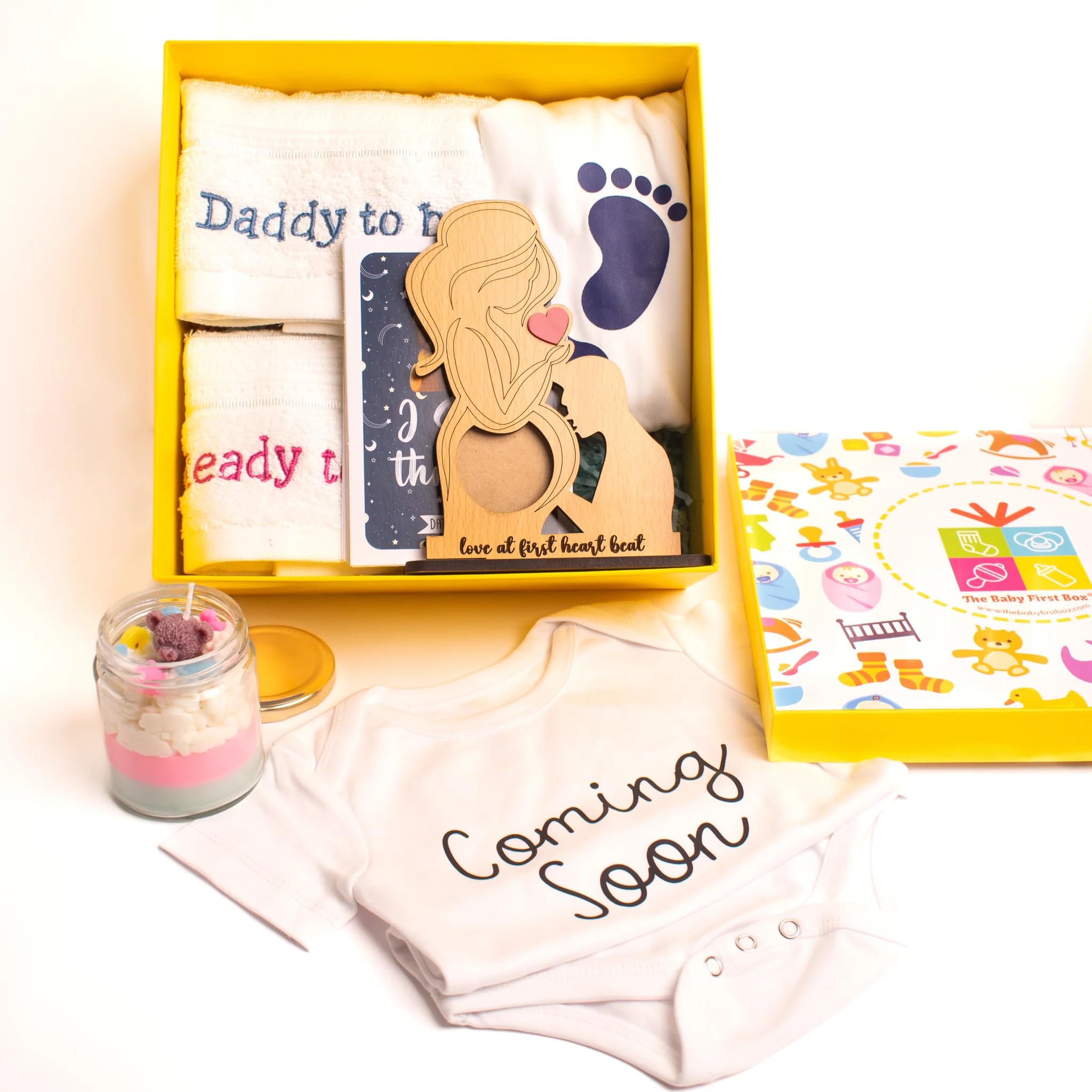 The Baby First Box Baby Shower Gift Hamper for Mom to Be -XXL Tshirt for Mom, Hand Towel for Mom & Dad, Baby Theme Candle, Love at First Sight Frame, Baby Romper(0-3 Months) in a Gift Box-image-48