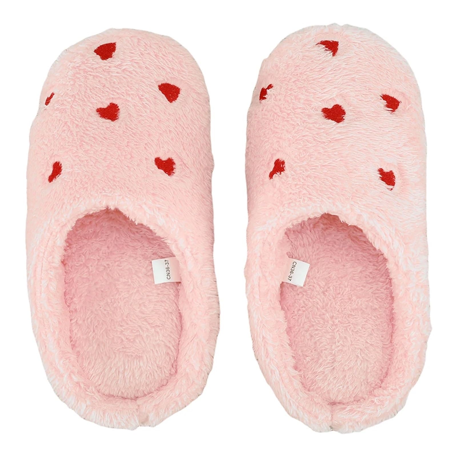 ERHTGUO Plush Heart Slippers Comfortable Slip-on House Shoes Breathable Flat Thermal Fluffy Love For Indoor Bedroom(Pink,38-39)