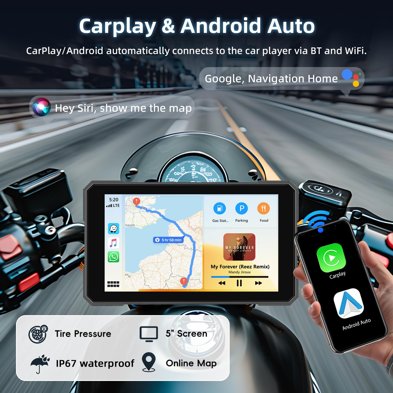 CarPlay Écran Portable Carplay pour Moto, sans Fil Android Auto pour Moto, 5 Pouces Écran Tactile Étanche avec Bluetooth, Navigation GPS, Siri/G00gle Assistant, IP67