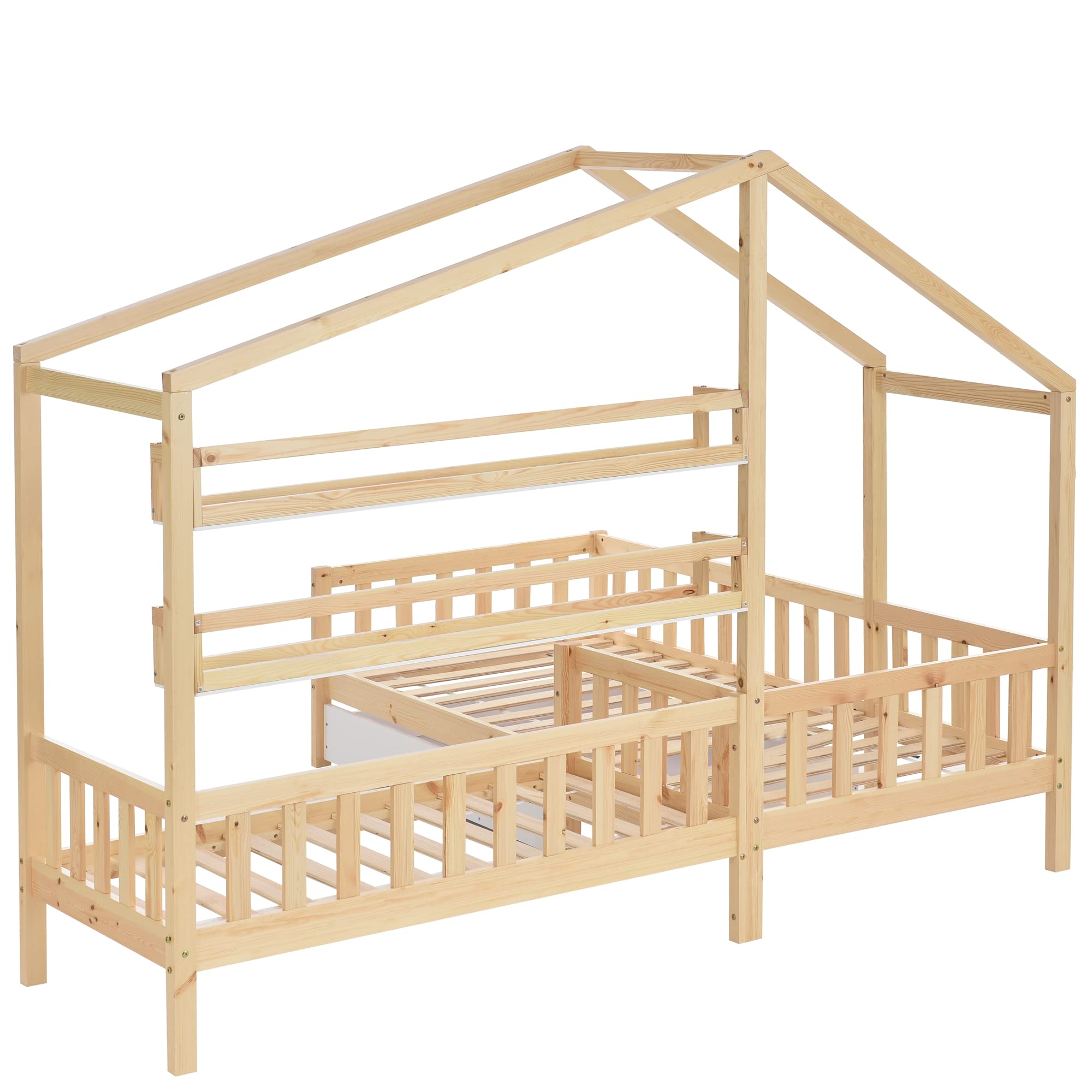 Cama Infantil 90x200cm+140x70cm Con Cajones y Estantes, Casa de Madera Maciza Con Valla y Somier, Estructura en L (Natural)
