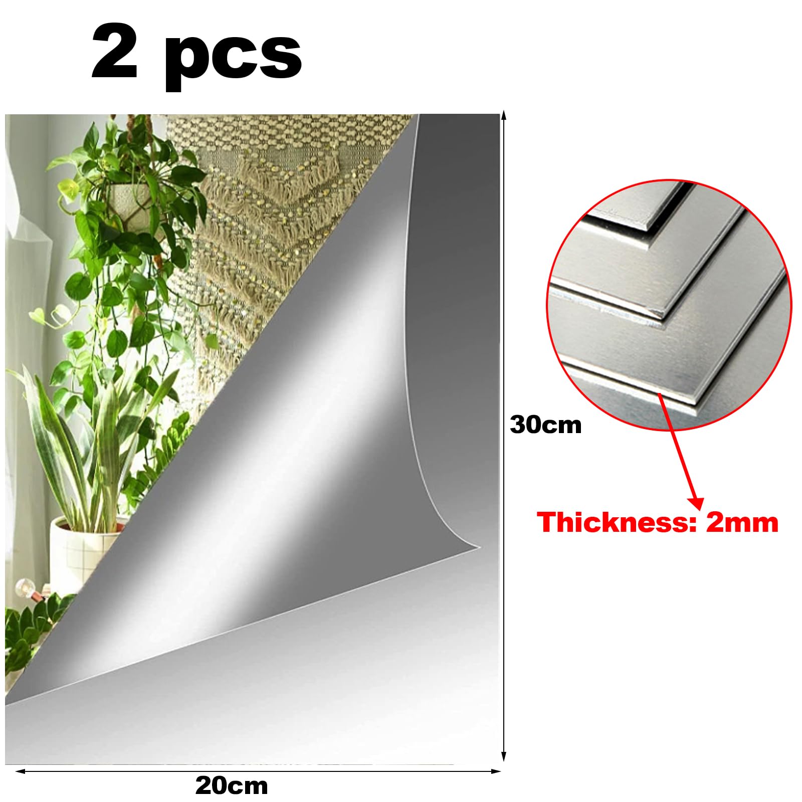 2 Specchi Adesivi Da Parete - Pellicola Specchiata 20x30 Cm - Autoadesivo Per Bagno, Camera, Soggiorno - Foto 3