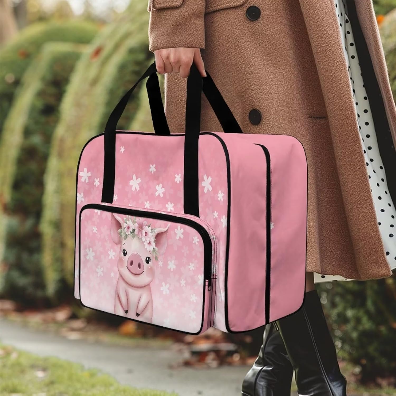 Sewing Machine Carrying Bag Large Capacity Dust Storage Bag Portable Sewing Machine Organizer Bag Universal Travel Tote Bag, Pig Wreath Cherry Blossom