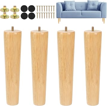 4 Pack Wooden Furniture Legs 25cm Chair Legs Table Legs Bed Legs 10 inch Sofa Feet, Solid Rubber Wood Cabinet TV Stand Dresser Couch Furniture Feet with Non-Slip Floor Protection Pads Screws