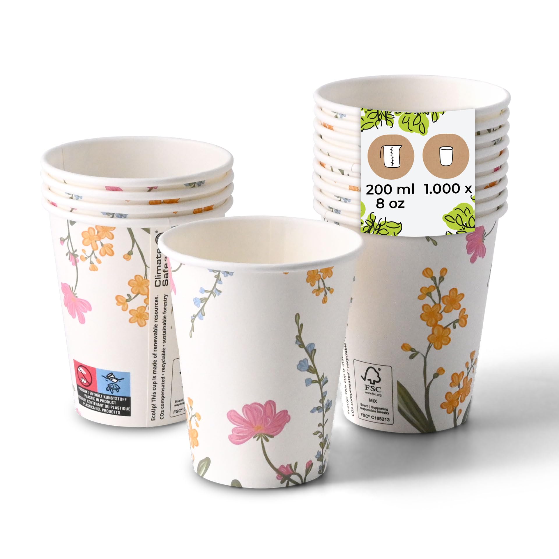 Gobelets en papier 200ml écologiques élégants blancs avec motif fleurs de 80mm