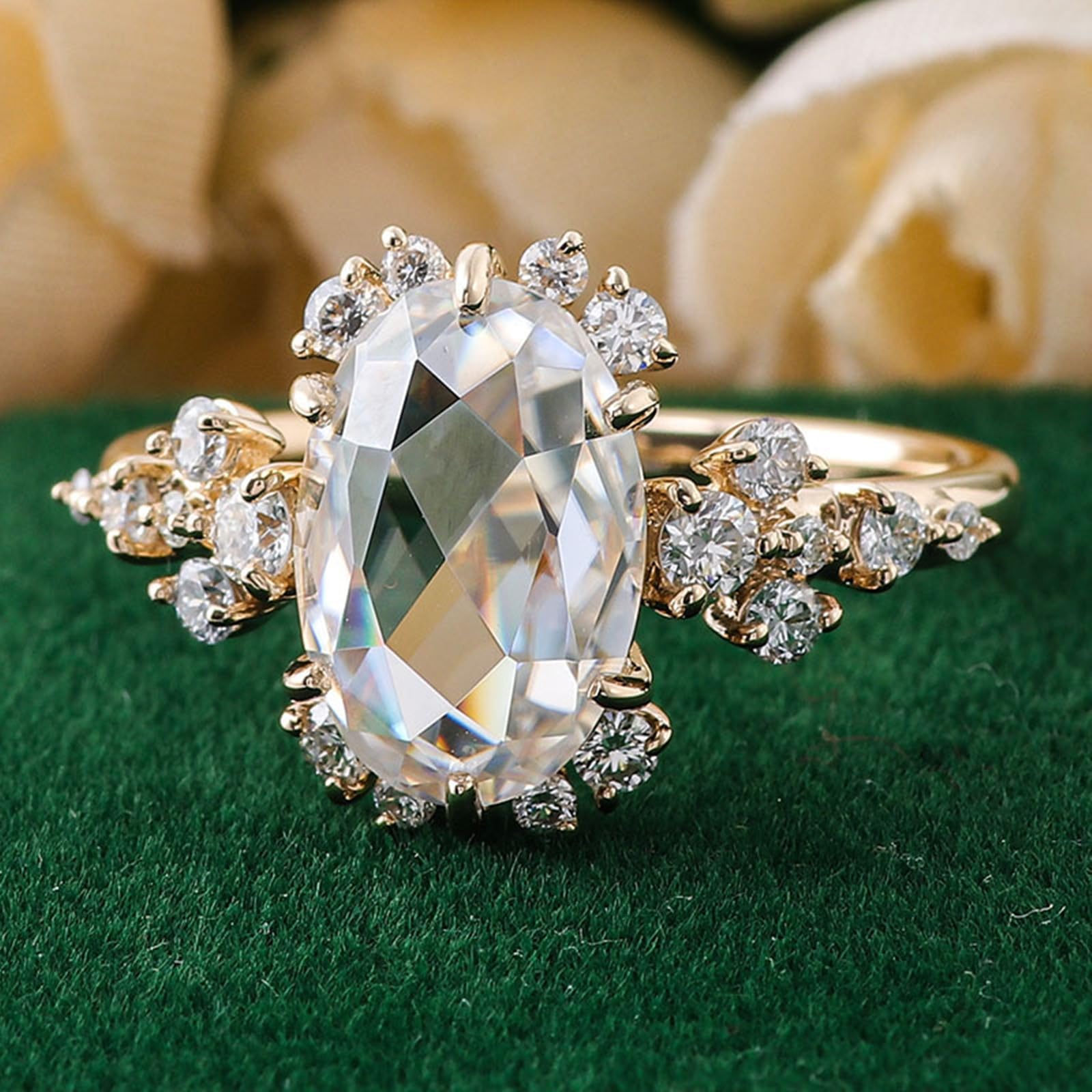 Obrączki ślubne damskie, luksusowe pierścionki boho z owalnym moissanitem w oprawie 6-rapowej, żółte złoto 18K