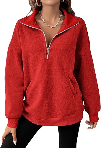 MARSVOVO Patchwork Quarter Zip Pullover Women Trendy Collar Sweatshirt Casual Slim Fit Spring Fall Long Sleeve Shirts