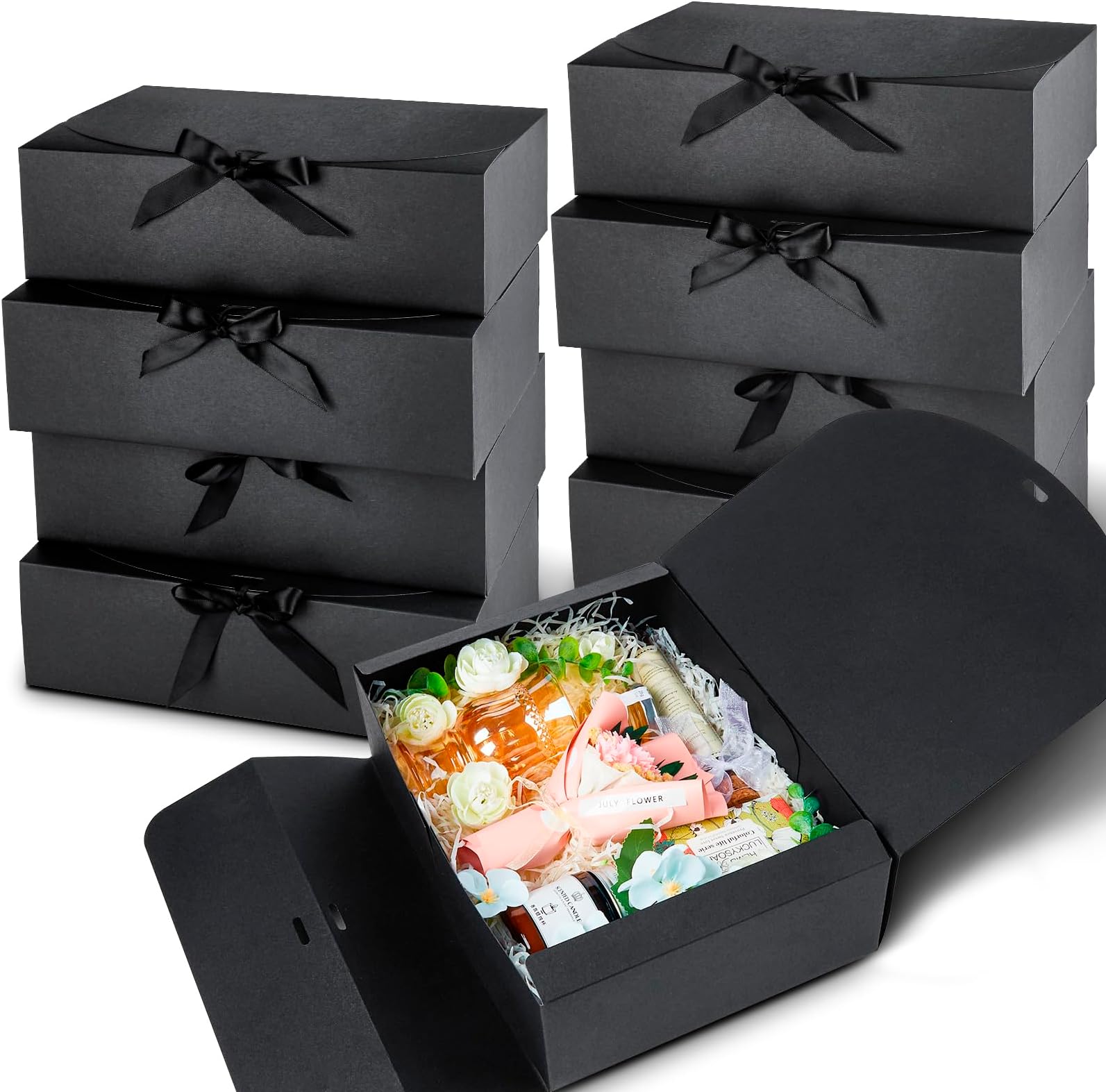 Kucoele 15 PCS Black Gift Boxes with Ribbons, Bridesmaid Proposal Boxes with Lids Present Packaging Boxes for Wedding, Birthday, Party and Bride Shower, 10.6 x 7.8 x 3.1 Inches