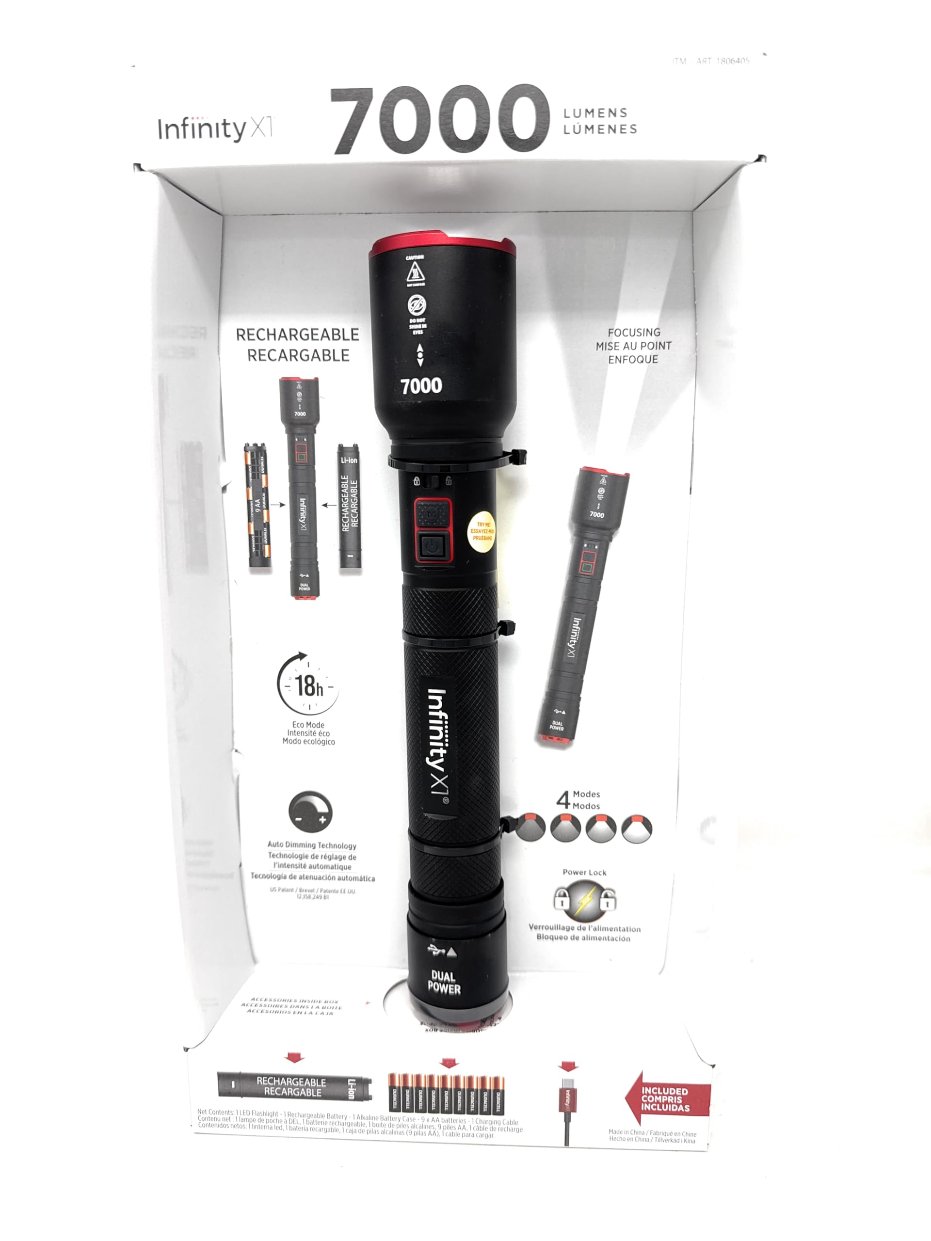 Infinity X1 Lampe de poche rechargeable double puissance 7000 L, LED CREE 7000 lumens avec mise au point réglable et verrouillage de la chaleur