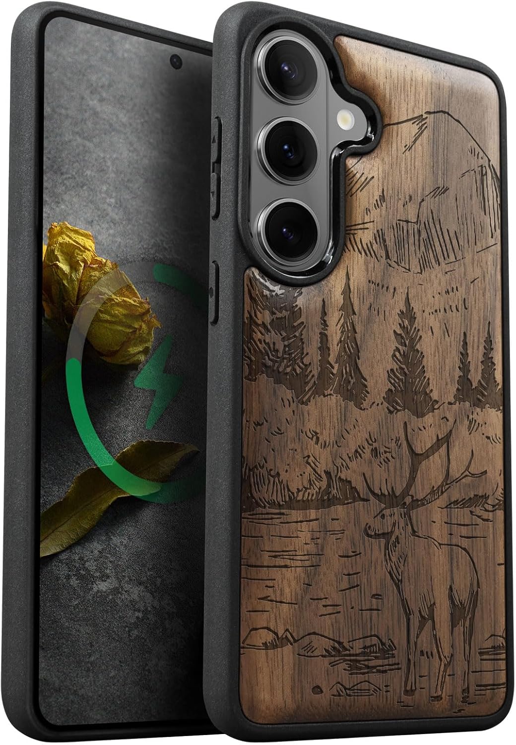 Carveit Magnetic Wooden Case for Samsung Galaxy S26 Case 2026, TPU Shockproof Cover & Wood Artisan Engraved, Compatible with MagSafe Wireless Chargers (Mountains and Deer) Walnut