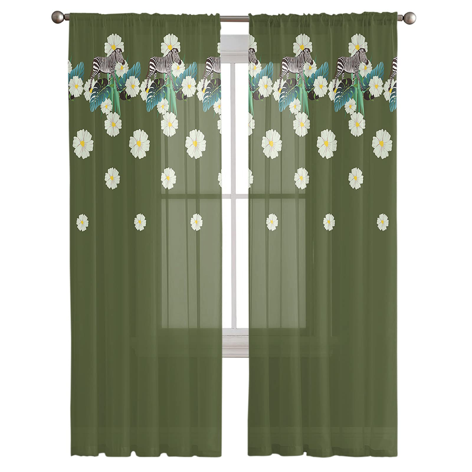 Sheer Curtains 108 Inches Long Zebra Tropical Jungle Flowers Jasper Sheer Window Curtains Light Filtering Rod Pocket Semi Sheer Drapes for Living Room Bedroom, 2 Panels, 52"x108"