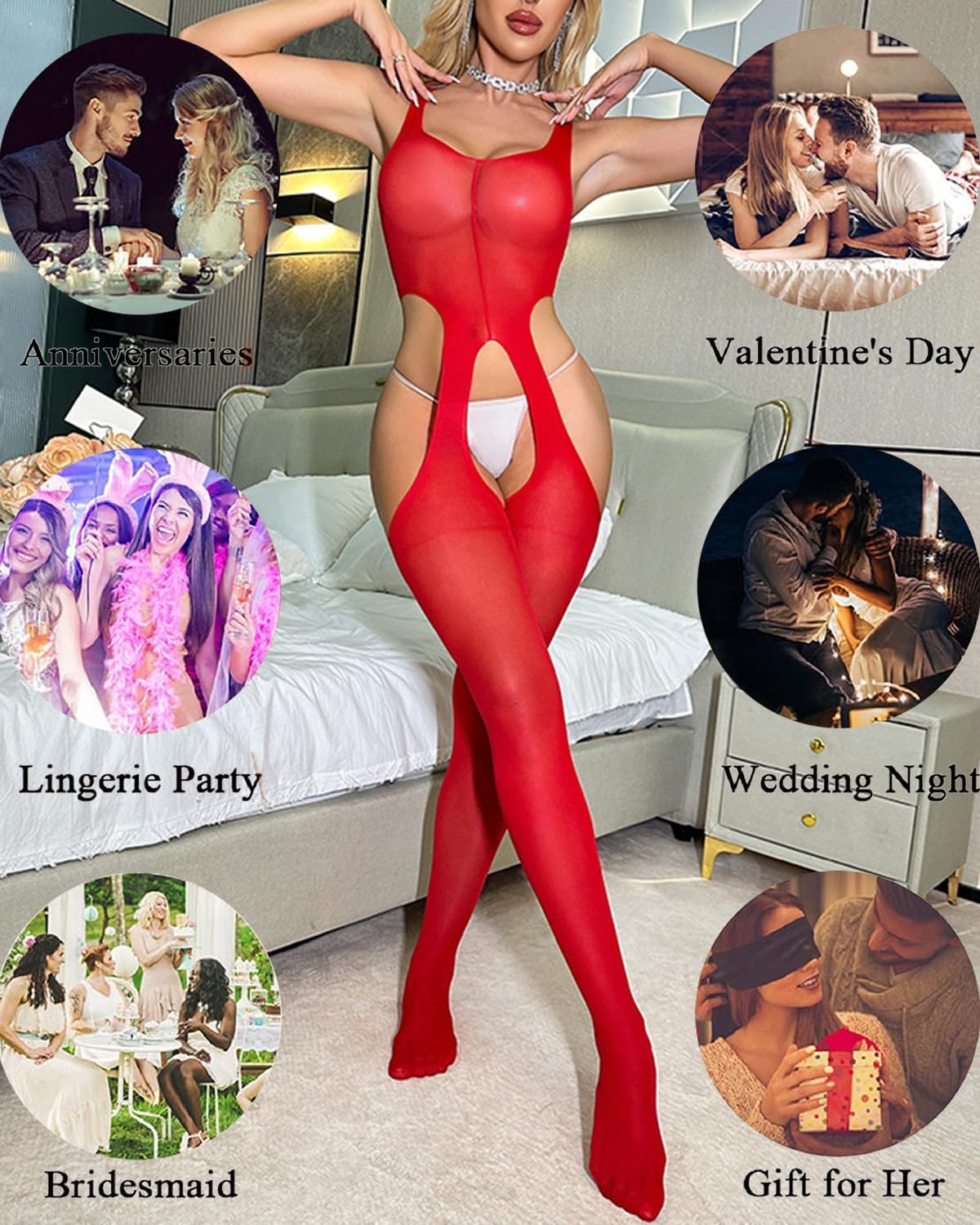 Women Sexy Bodystocking Suspenders Sheer Lingerie Garter Cutout Bodysuit Scoop Neck One Piece Hollow-Out Tights