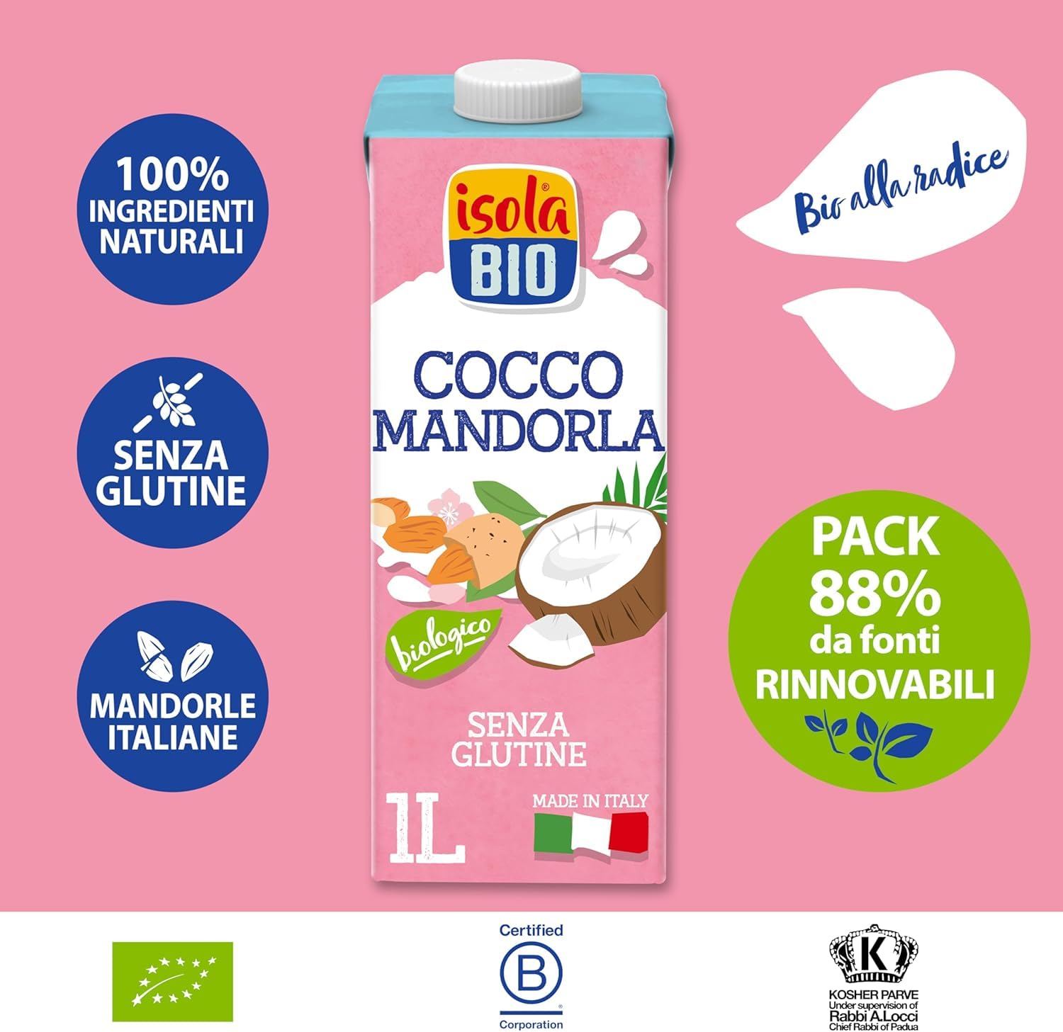 ISOLA BIO Bevanda Biologica a Base di Cocco e Mandorla, 100% Ingredienti Naturali, Senza Glutine, a Basso Contenuto di Grassi, per Intolleranti al Lattosio, Vegetariani e Vegani, 6 Confezioni da 1 L