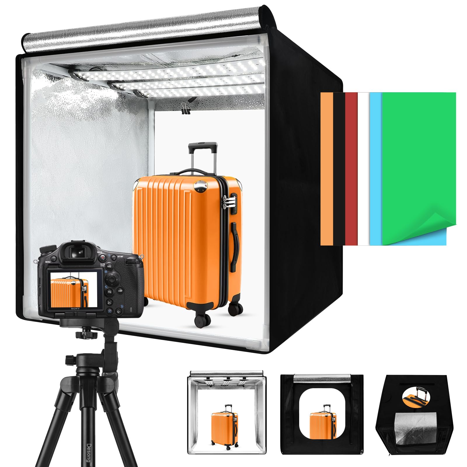 Light Box with Tripod Stand, 24"x24" Upgraded LightBox with 3 Stepless Dimming Light Boards (CRI ≥95) 297 Light Beads, Shooting Tent kit with 6 PVC Backdrops.Photo Studio Light Box for Photography