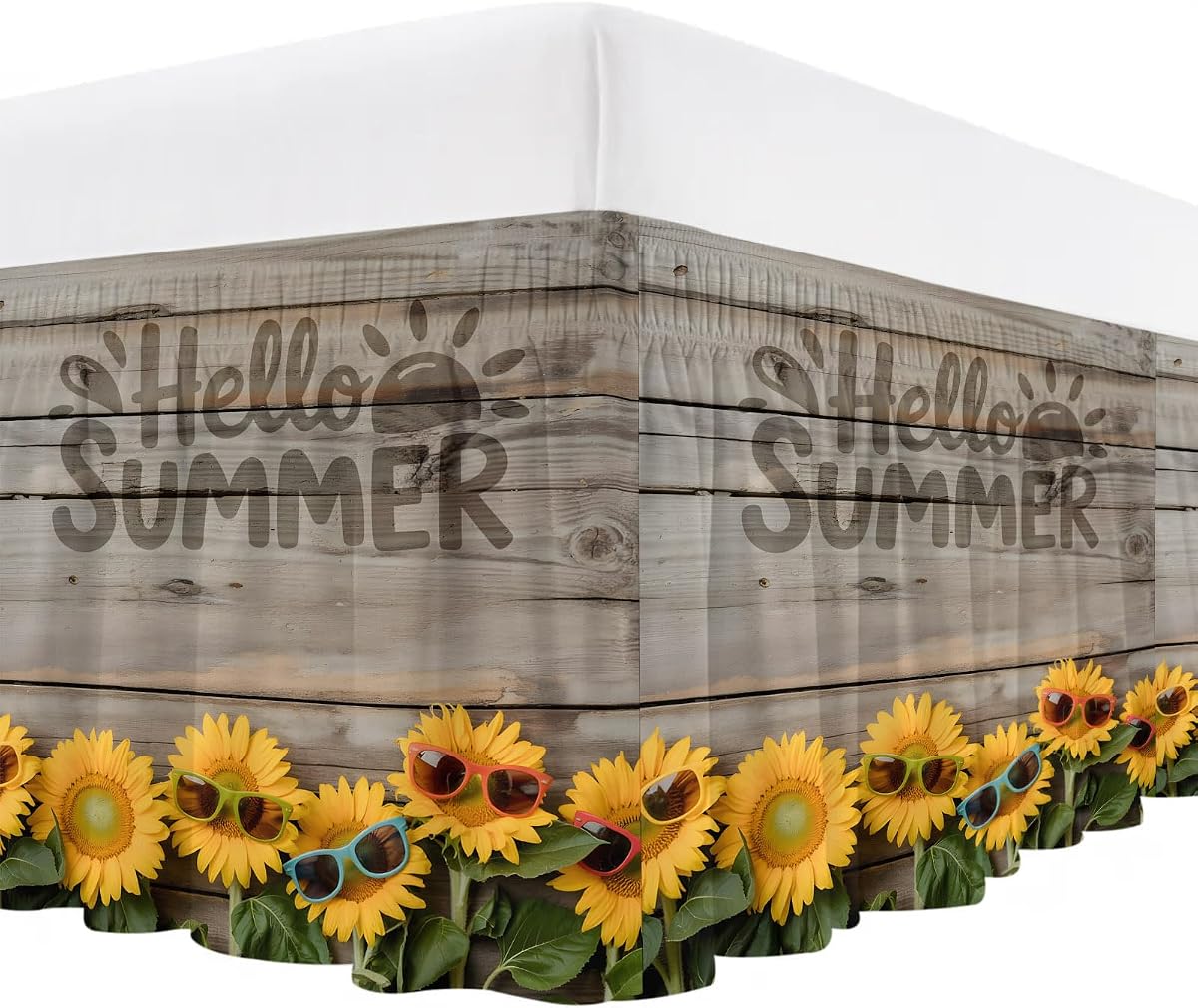 Wrap Around Bed Skirt for King Size Bed Funny Summer 16" Drop Dust Ruffle Bed Skirt Wood Grain Sunglasses Sunflower Soft Bed Skirts with Elastic Adjustable Design for Bedroom Decor