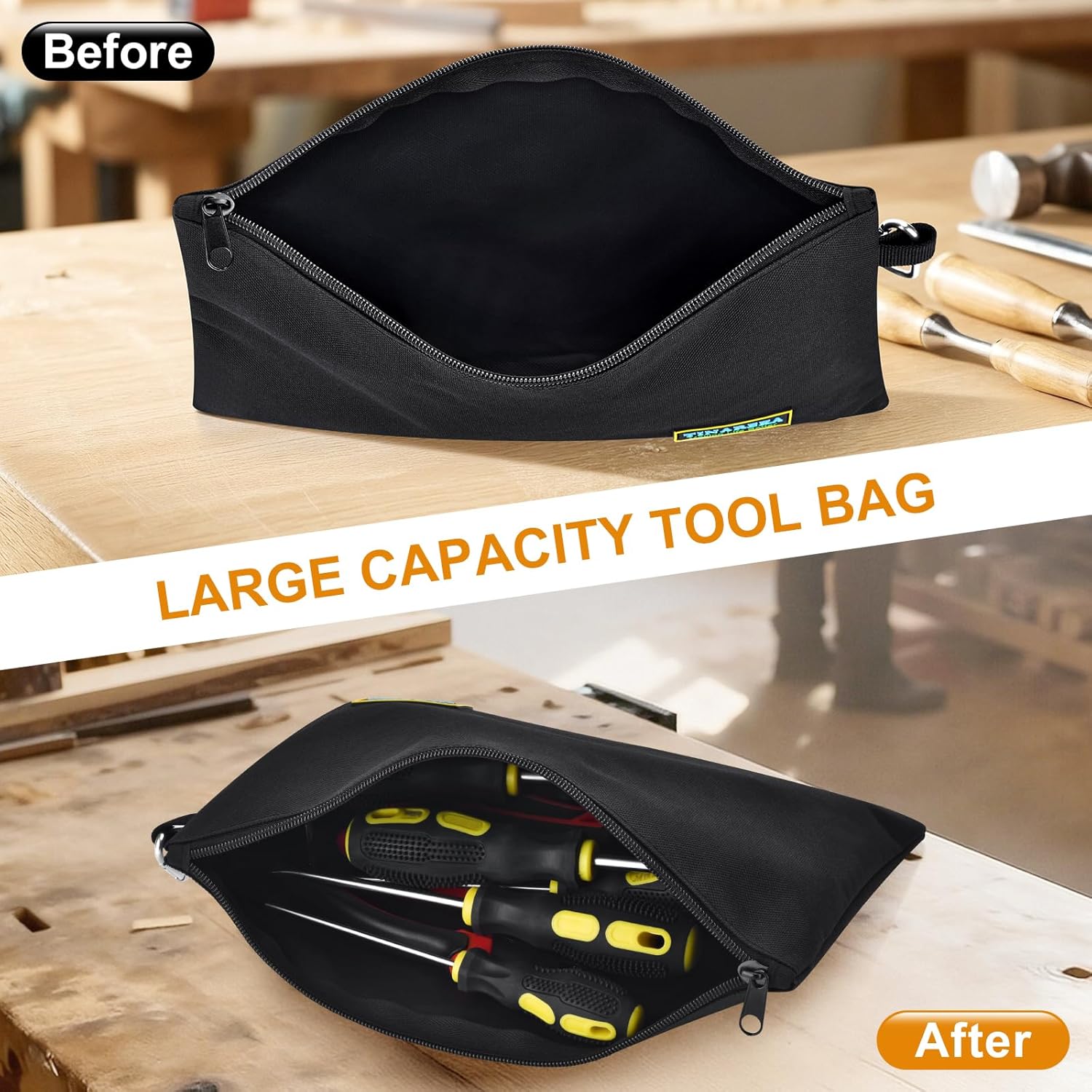 TINAREKASmall Tool Pouch Bag with Zipper - Canvas Tool Organizer for Men, 8-Pocket Waterproof Storage Case, Heavy-Duty Zippered Pouch for Electricians, DIY & Home Repair Tools Black (7.9 x 11.8 Inch)