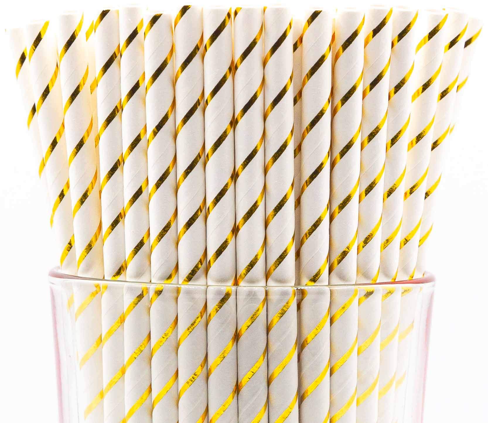 Pack of 150 Gold Foil Stripes Biodegradable 4-Ply Paper Drinking Straws (Compostable, Non-toxic, BPA-free)