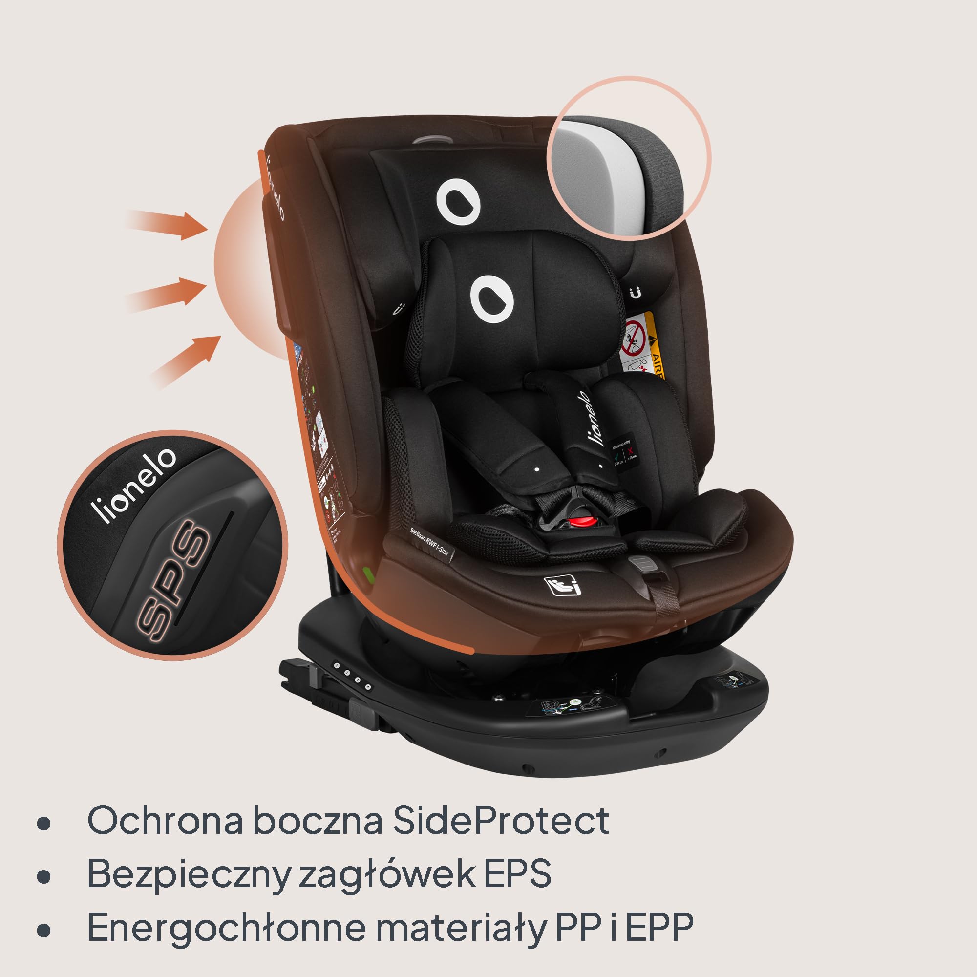 LIONELO Bastiaan RWF I-size Fotelik Samochodowy Obrotowy 360o dla Dzieci 0-36kg, Montaż Przodem i Tyłem (18 kg), ISOFIX Pas TopTether, Regulacja Zagłówka Pasów i Oparcia Ochrona Boczna Czarny