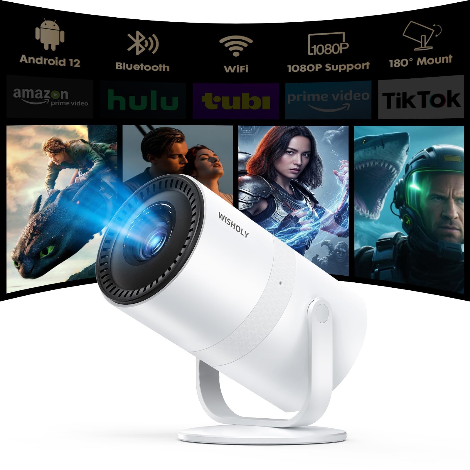 WISHOLY 1080P Mini Projector with WiFi 6 and Bluetooth Portable Outdoor Projecto