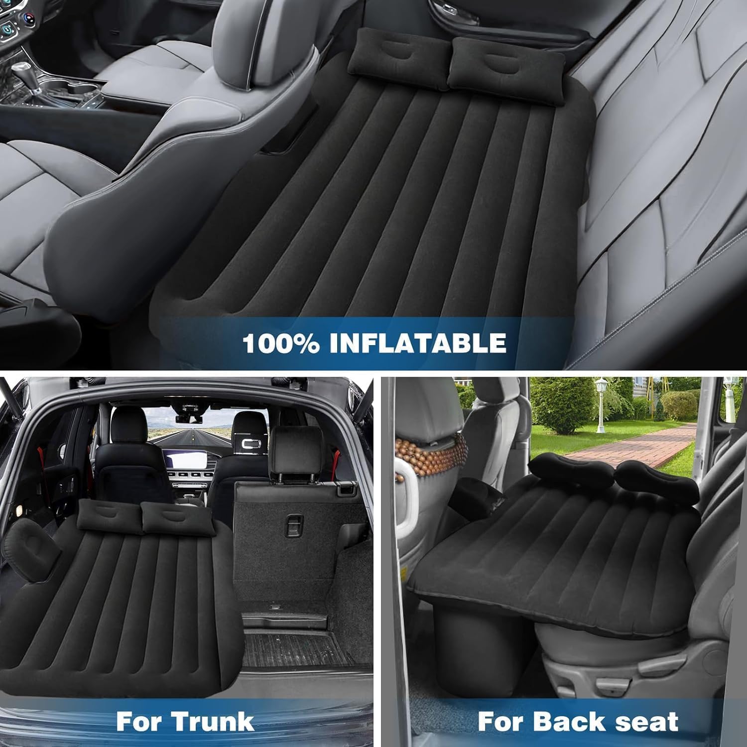Rikriva™ Portable Exclusive Car Air Mattress Travel Car Sleeping Bed for Kids Inflatable Bed with 2 Pillow & Pump |Quick Inflate for Trips,Camping, Picnic (Black) 3