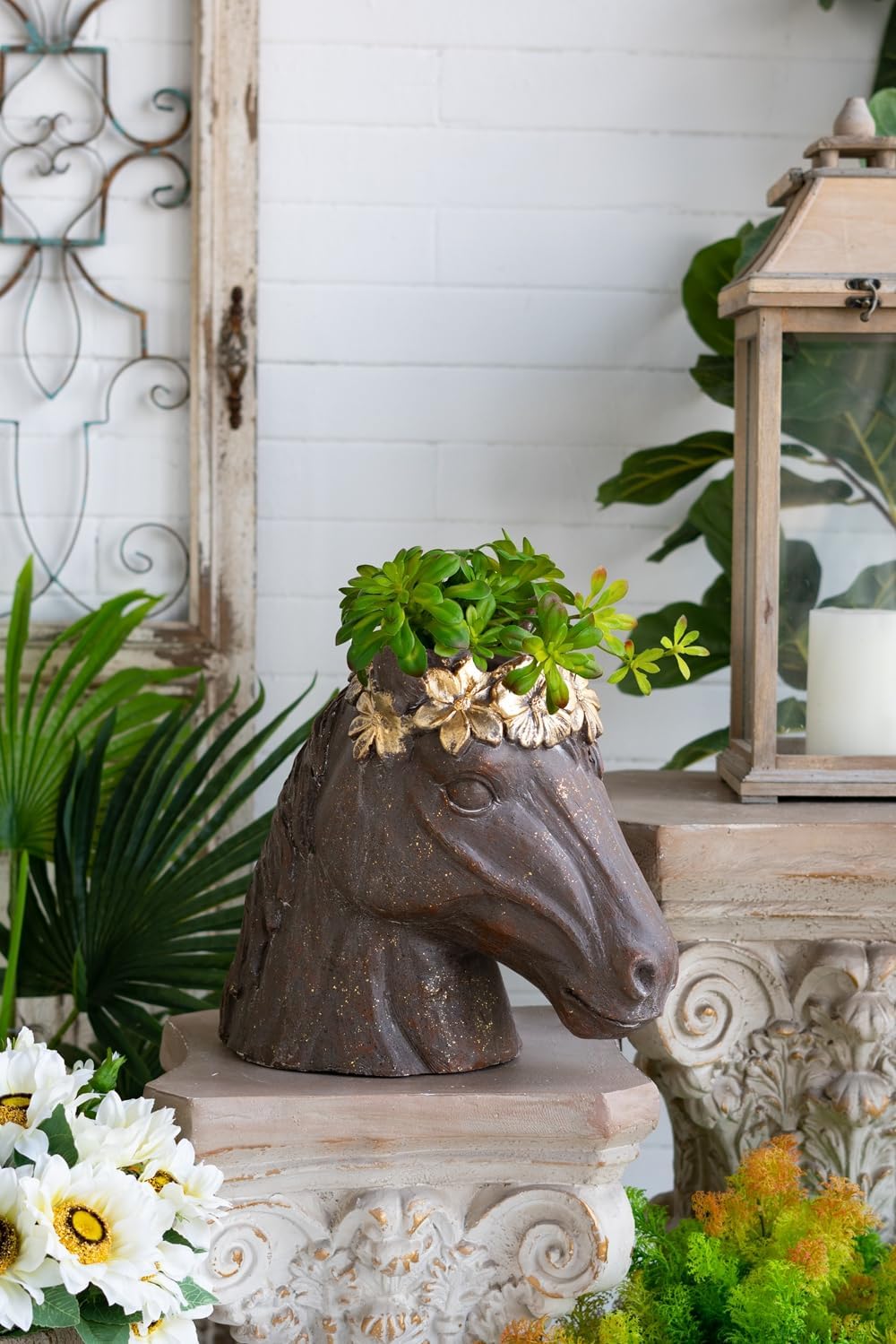14.5x8.5x13.5 Inch Magnesium Alloy Horse Statue Planter with Brown Textured Finish & Gold Foil Crown - Indoor/Outdoor Decor