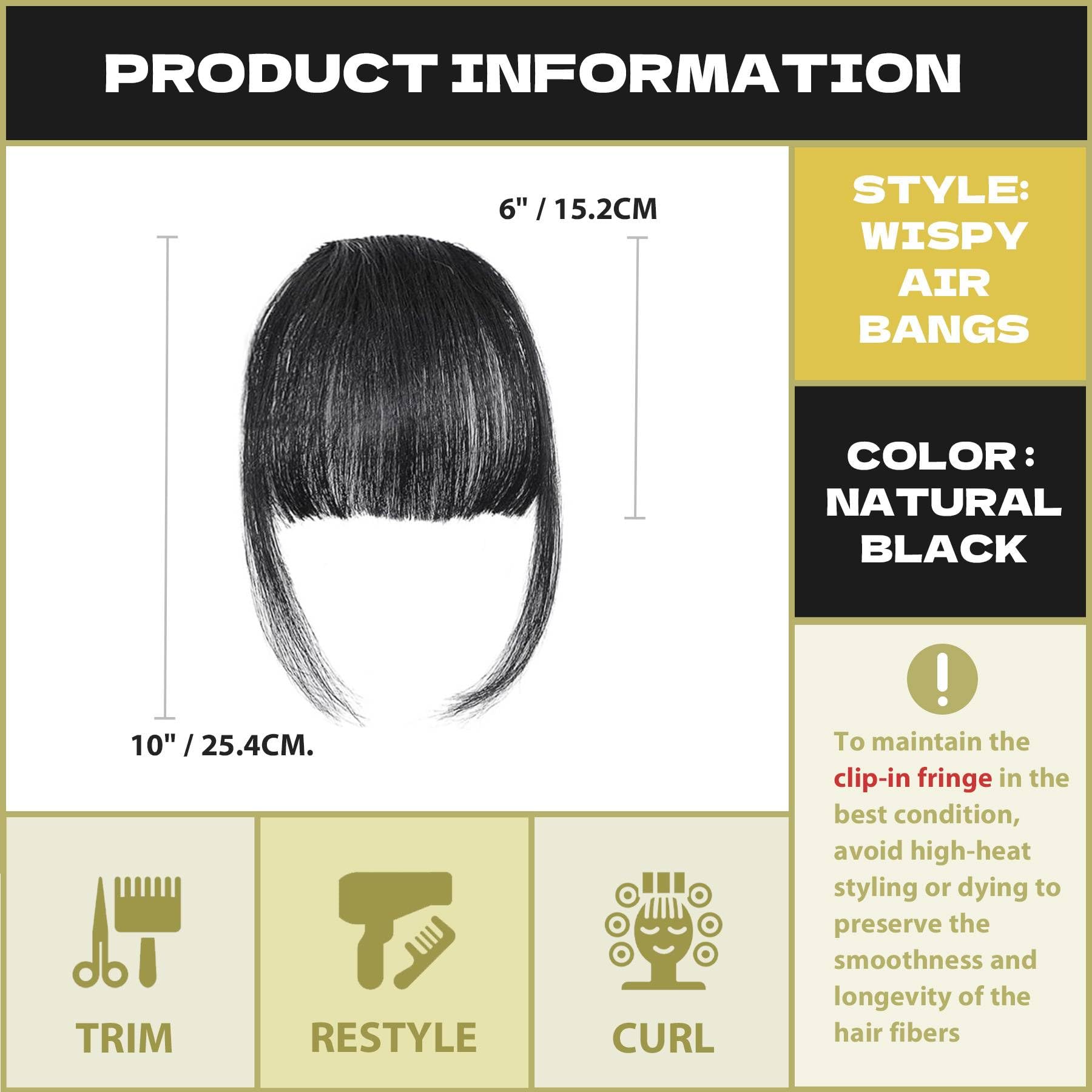 Clip in Fringe Human Hair Extensions, Clip-in-Bangs Air Bangs, Fake Hairpieces for Women (Black) - Image 2