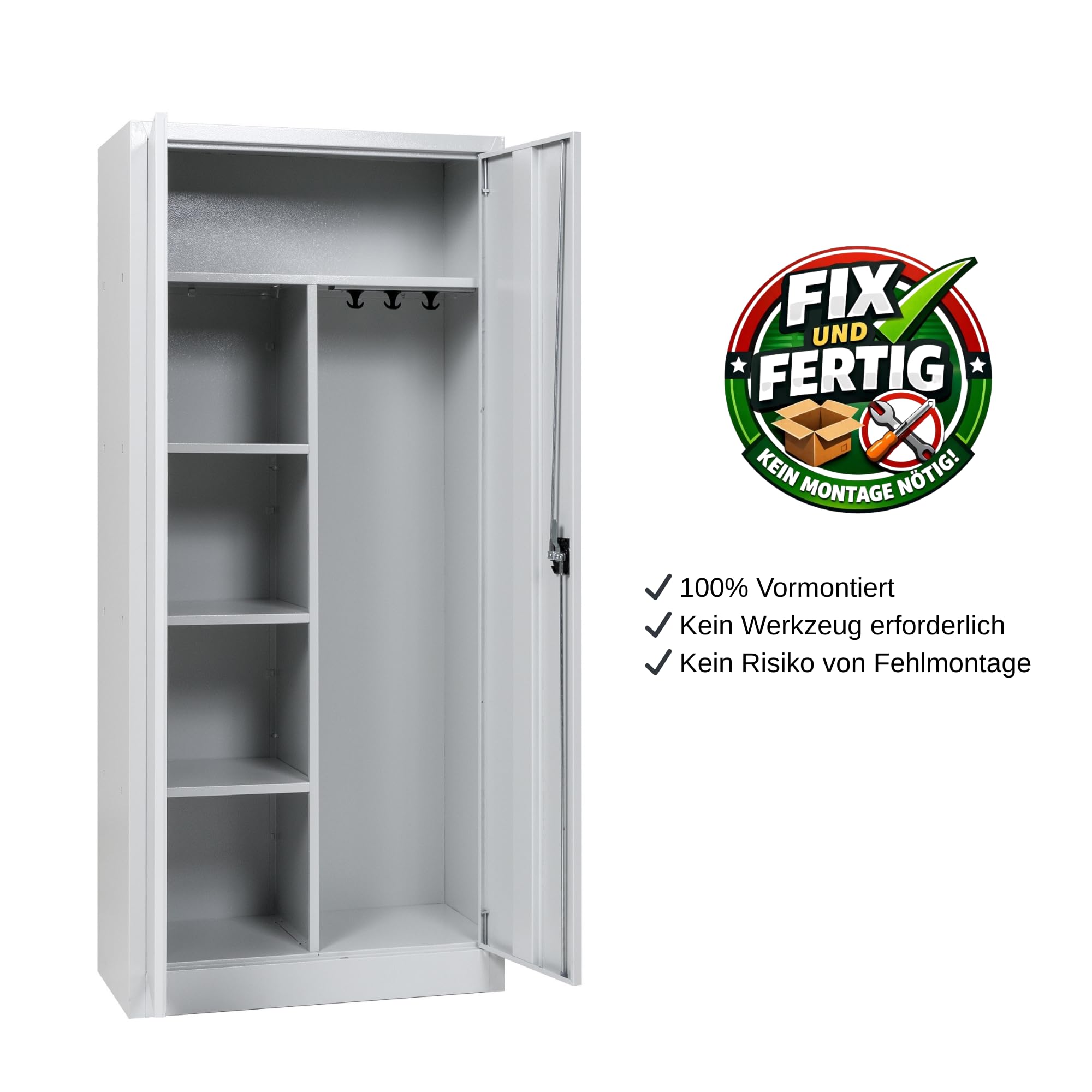 furni24 Metall Putzmittelschrank – Wäscheschrank aus Stahl mit Türen,Dreipunktverriegelung incl. 2 Schlüsseln, Garderobenstange, großen Fächern, Hutablage, fertig montiert - Grau, XXL 80x180x40cm