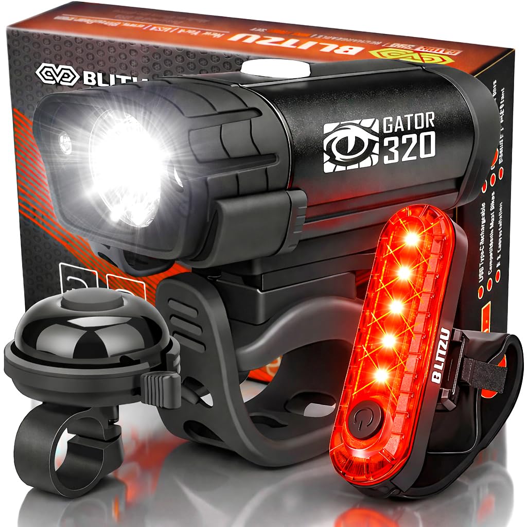 BLITZU USB-C Rechargeable Bike Lights Set with Bell – Super Bright Front Headlight & Rear Taillight for Night Cycling, Water-Resistant Safety Lights, Tool-Free Install for Men, Women & Kids