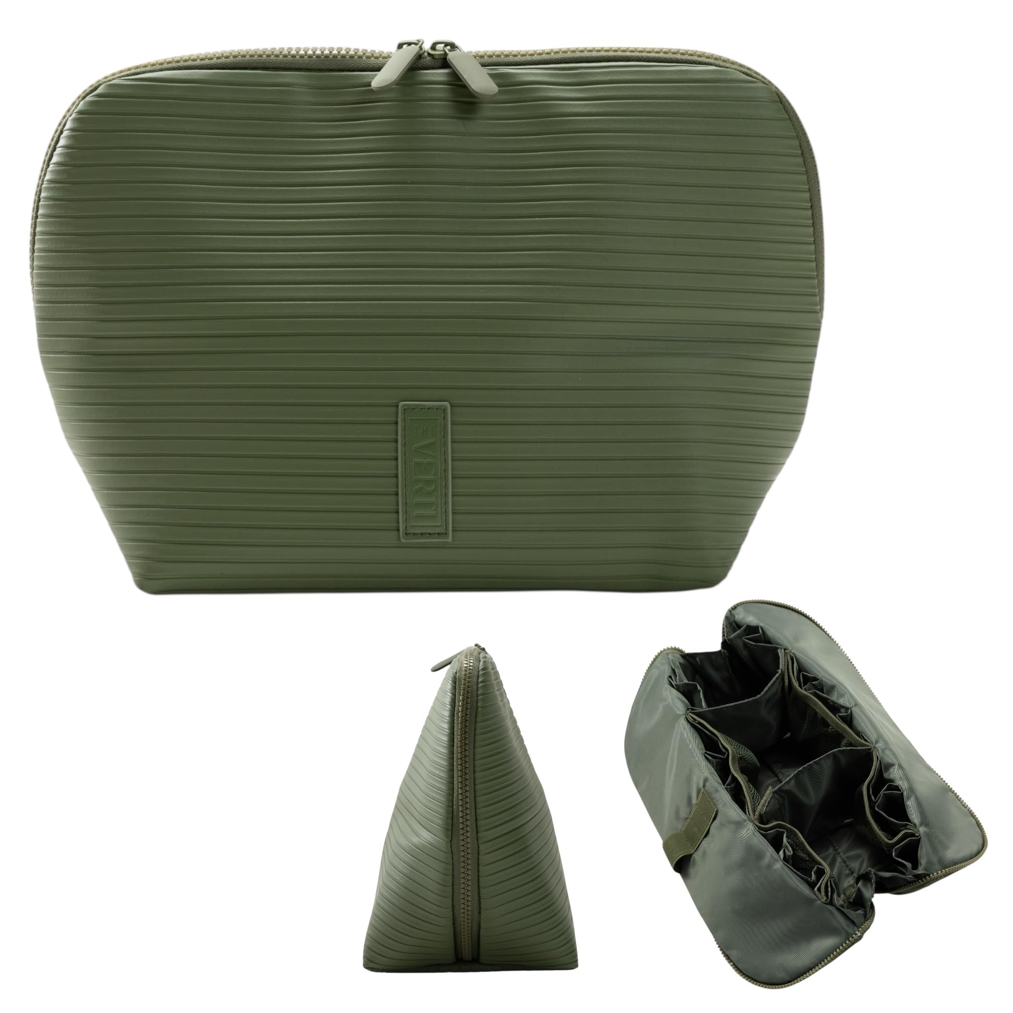THE VERTI-Vertical Waterproof Makeup & Toiletry Bag | 23-Pocket Organizer with Upright, Fold-Down Design for Skincare, Toiletries & Essentials (Olive)
