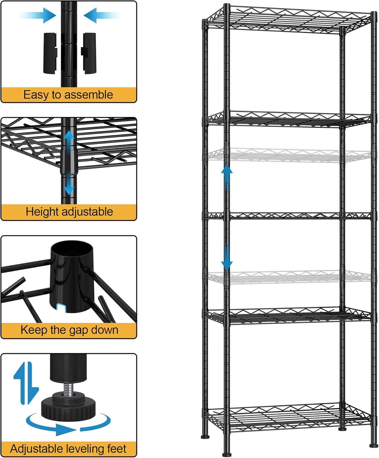 HOMEFORT 5-Shelving Unit, Adjustable Wire Shelving, Metal Wire Shelf Rack Organizer for Kitchen, Pantry, Closet, Bathroom, Laundry, Black,21" W x 11" D x 53" H - Image 4