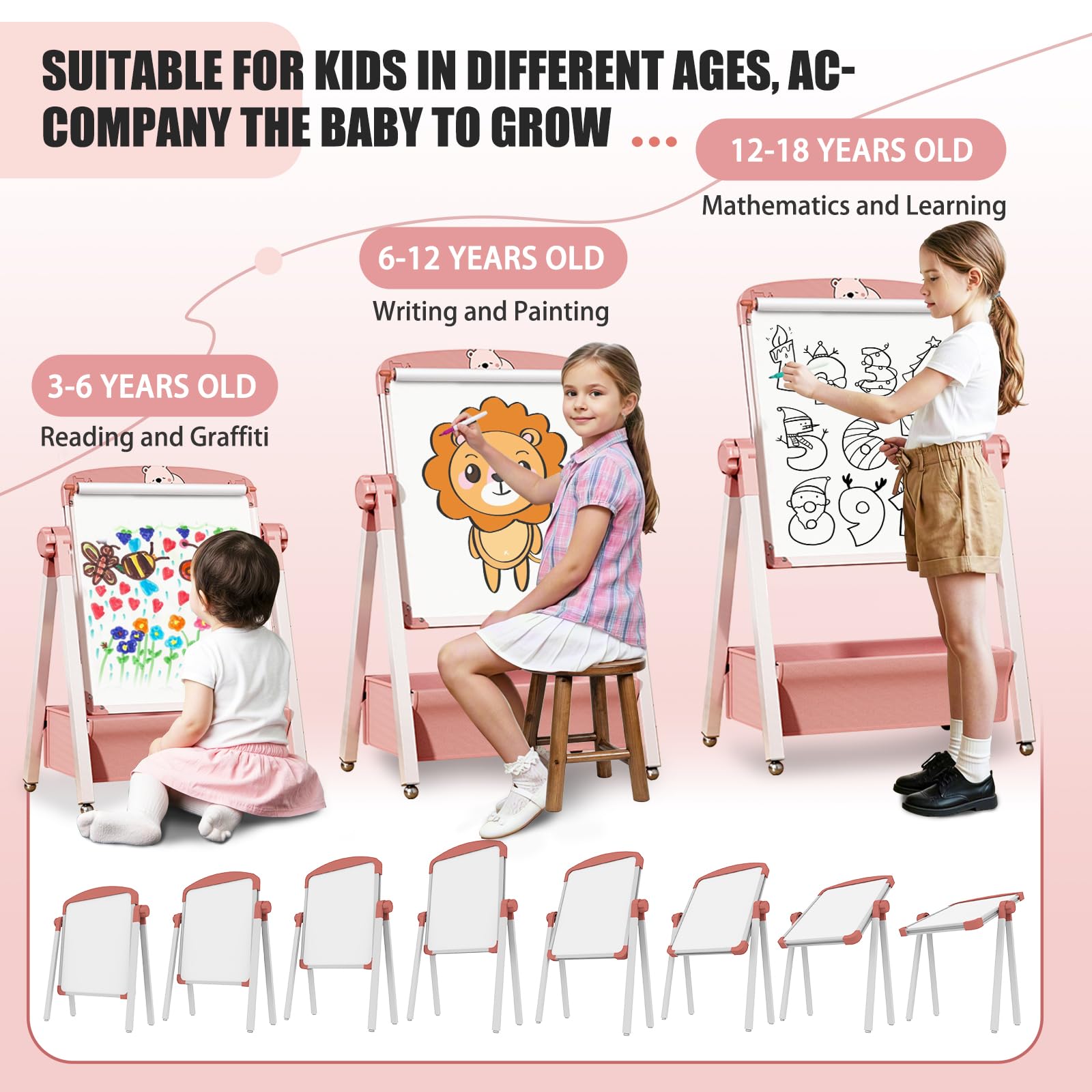 Caballetes para Niños 3 en 1 Pizarra Caballete Pintura Infantil de Doble Cara Plegable con Papel en Rollo Altura Ajustable Giratoria 360°, Pizarra con Caja de Almacenamiento para niños y niñas