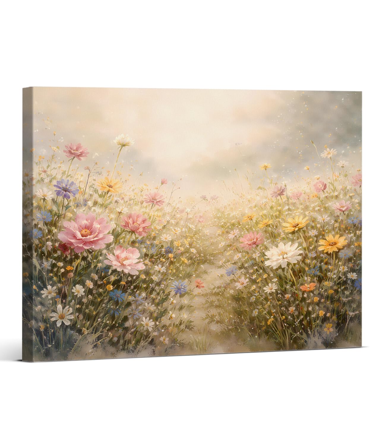Vintage Wildflowers Wall Art Print - Cute Field of Flowers Canvas Poster Painting - Country Wall Decor for