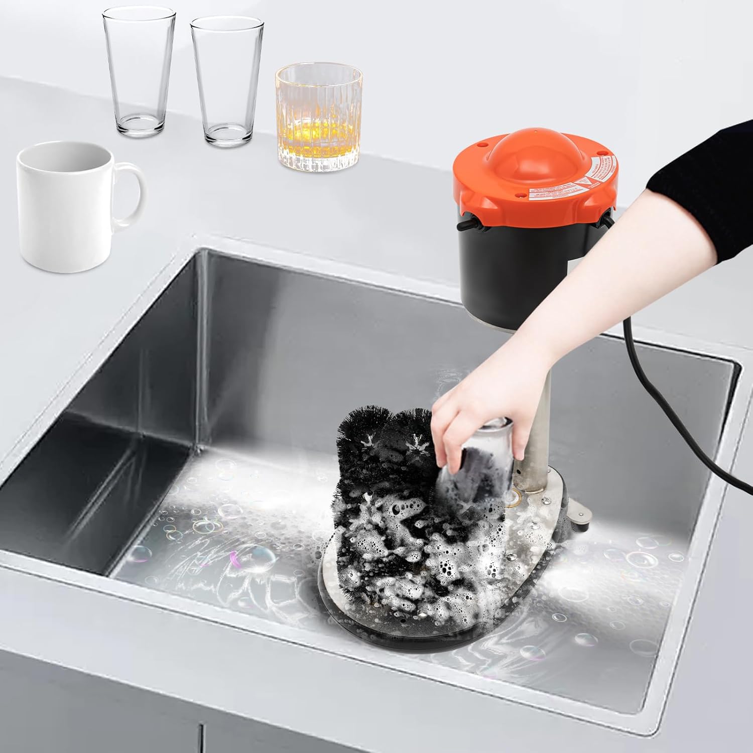 Commercial Electric Glass Washer 120V Cup Cleaning Brush with Raised Feet, Upgrade 5 Brushes Cup Washer with 250W Powerful Motor, Small Glass Washer for Milk Tea Stores, Bar & Cafes| US STOCK