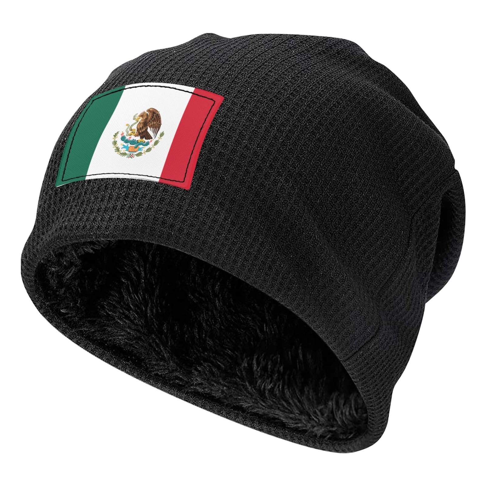Vortithora Mexico-Flag Soft Waffle Knit Beanie, Cozy Warm Fleece Lined Winter Hat for Men and Women Black