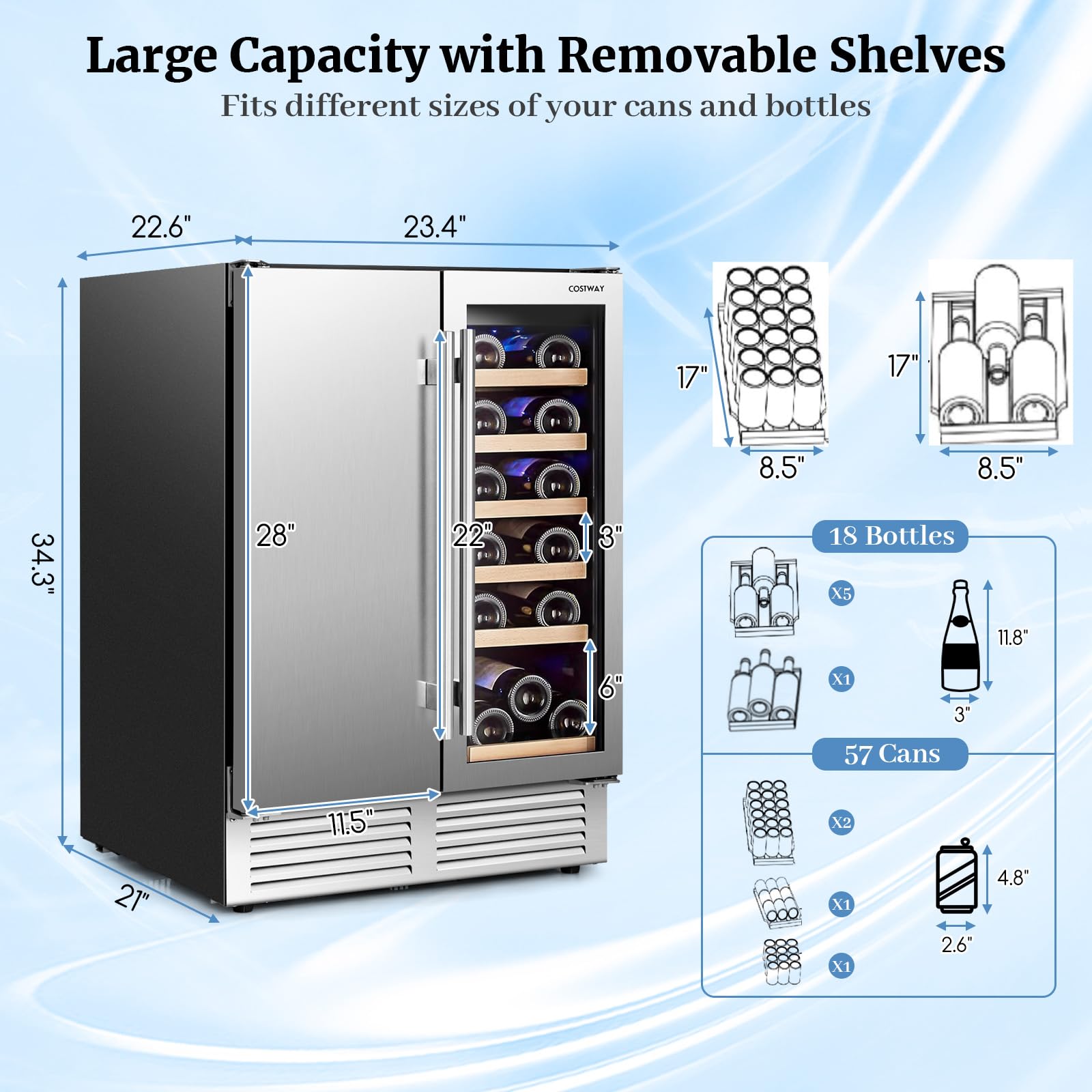 COSTWAY Wine And Beverage Refrigerator, 24 Inch Dual Zone Under Counter Wine Beverage Cooler With Lock, Stainless Steel Door, Built-In & Freestanding Wine Fridge Holds 19 Bottles And 57 Cans on Fridge.com - View 3