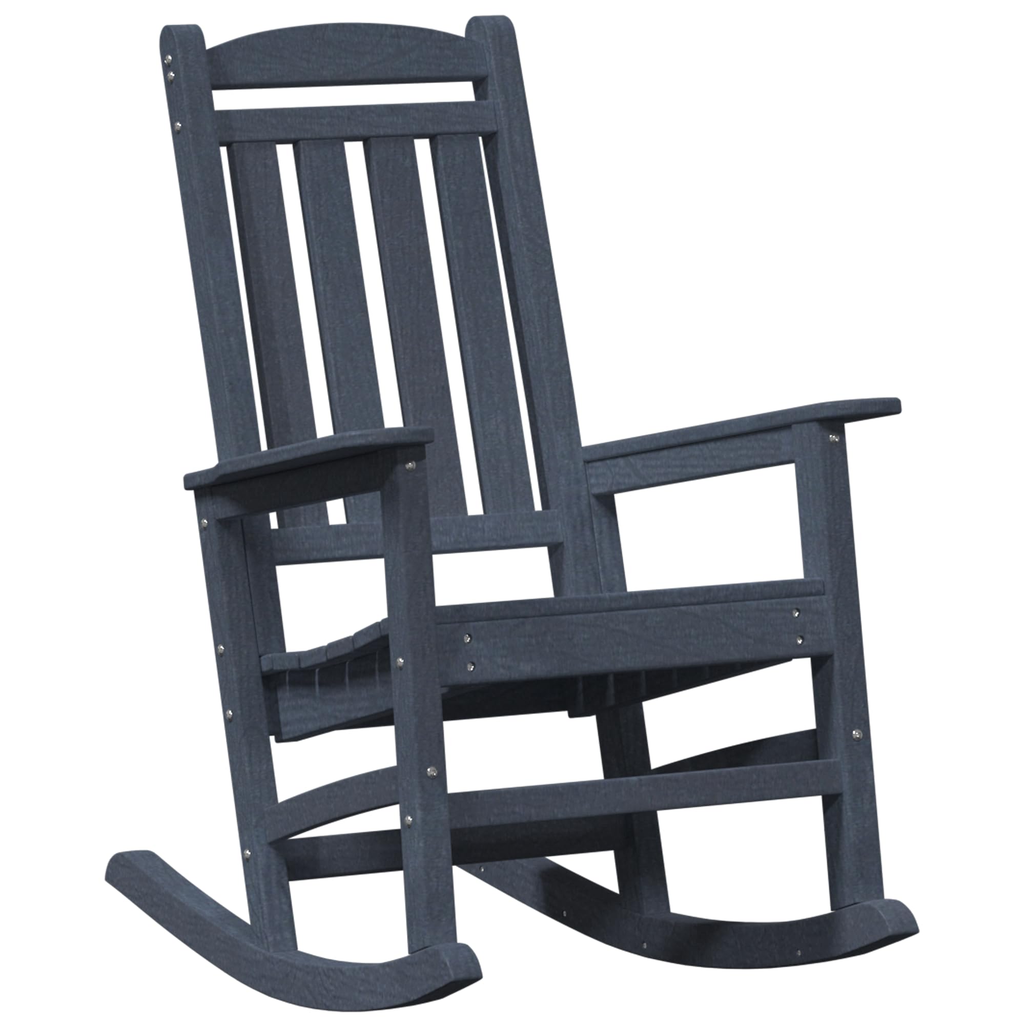 Mecedora de jardín de madera natural con acabado azul marino para balcón y terraza, muebles de exterior robustos con suave movimiento oscilante y fácil cuidado
