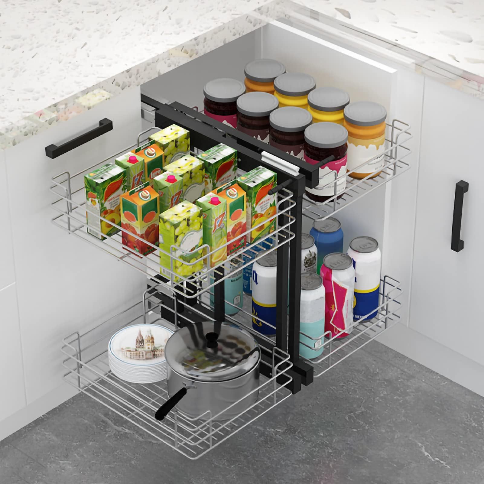 Corner Cabinet Pull Out Organizer with 4 Chrome Baskets Kitchen Storage Shelf for Cans Pots and Pans Left or Right Handed Opening