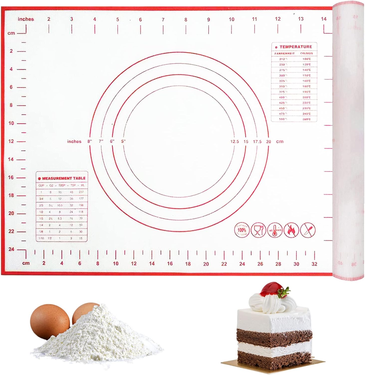 Silicone Pastry Mat - Pastry Baking Mat with Measurements, Non-Stick Dough Rolling Mat, Non-Slip Cake Baking Mat for Pizza, Cookies, Fondant (15.7 x 11.8 in)