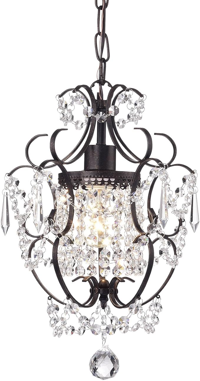 Edvivi Edvivi Amorette Mini Kroonluchter van kristal, 1 licht, modern, elegant, glamour, antiek brons, verstelbare hangverlichting voor kast, slaapkamer, meisjeskamer, keukeneiland