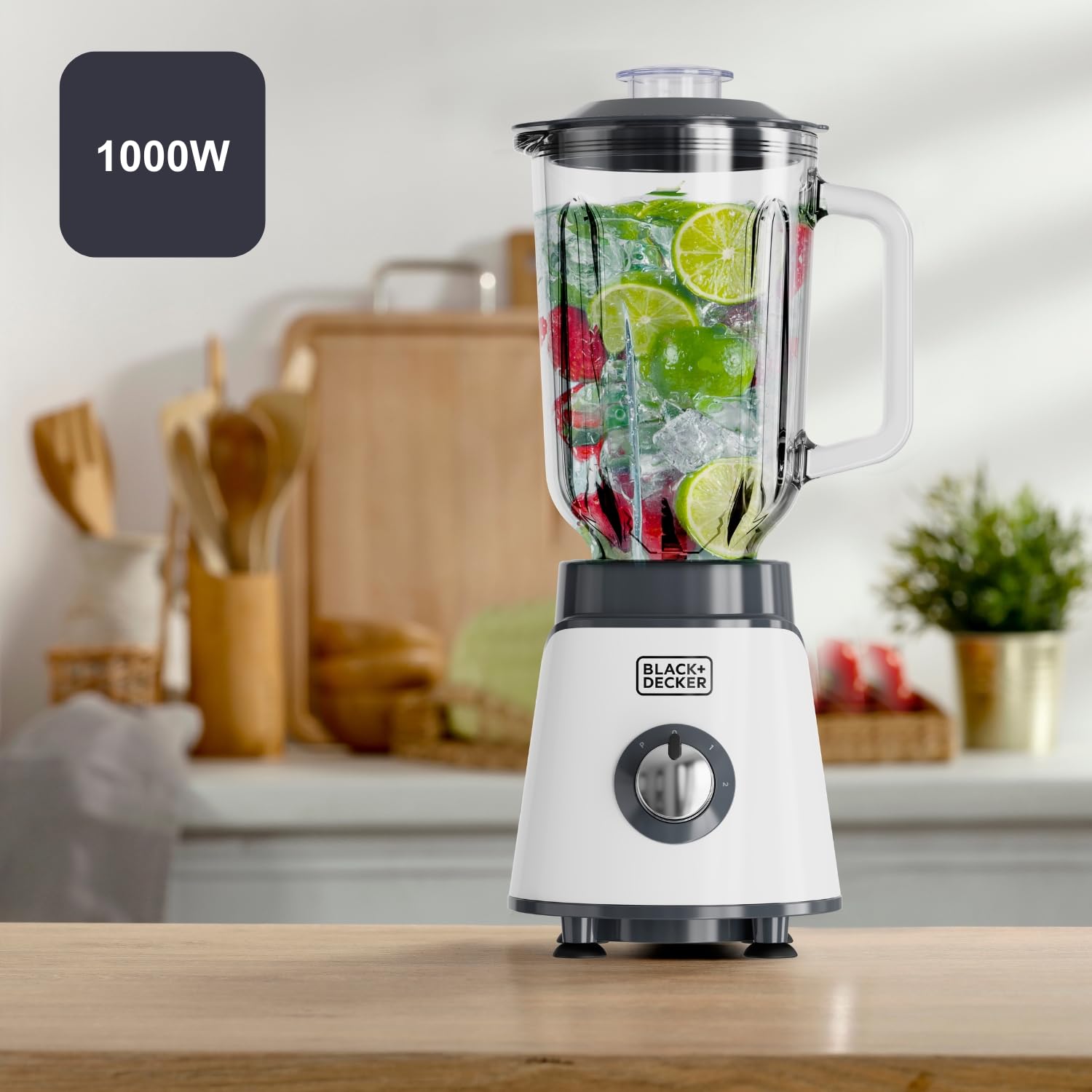 BLACK+DECKER - Batidora de Vaso BXJB1002E 1000W | Jarra Cristal 1,5L | Cuchillas Desmontables Acero Inox 4 Filos | Pica Hielo | 2 Velocidades + Pulse | Lavavajillas | Sistema Seguridad