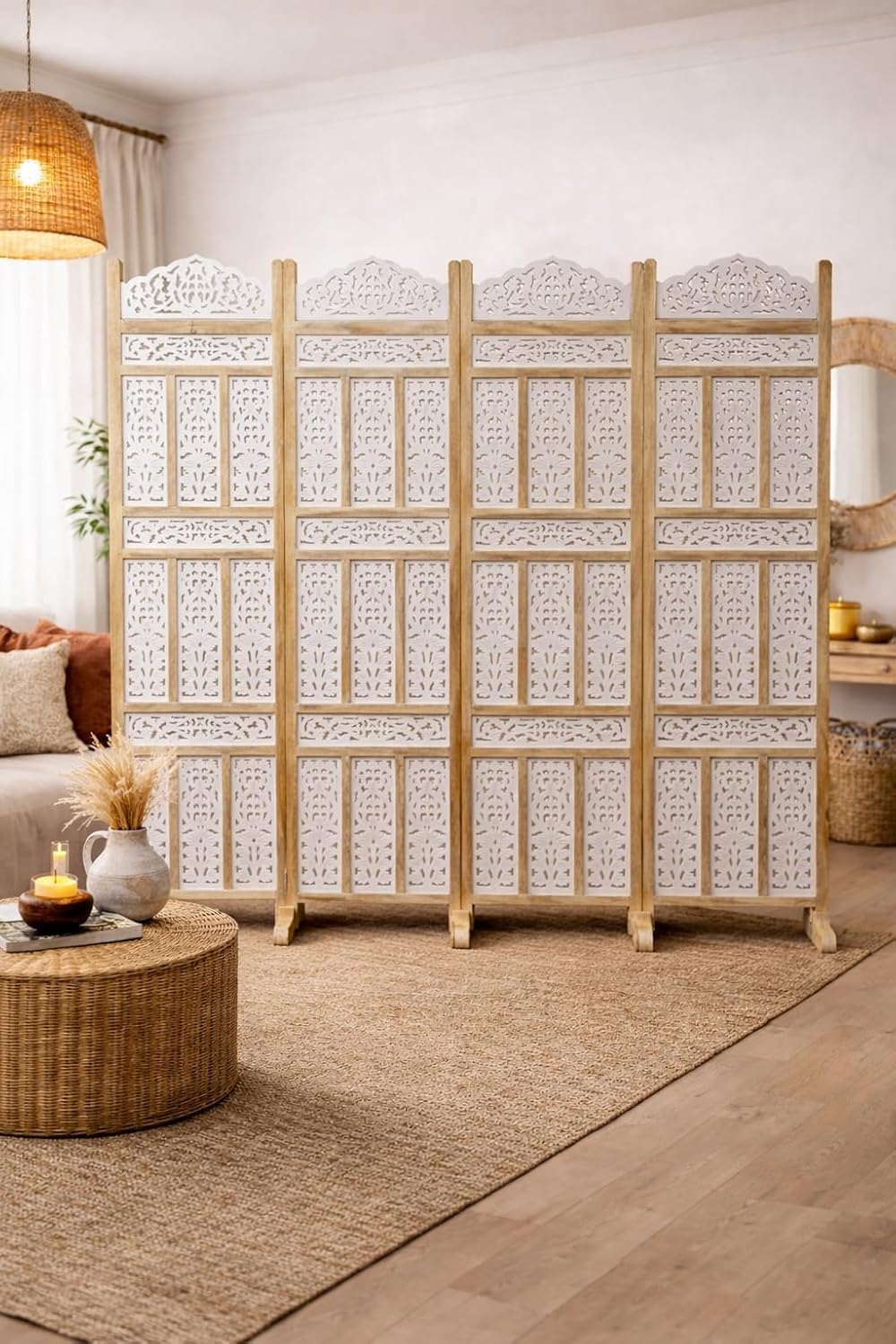 Home & Goods International Wooden Room Divider Partition - Foldable Wood Screen Separator for Living Room, Bedroom, Office, Restaurant - Kangra Badrun, Natural & White (4 Panel with Stand)