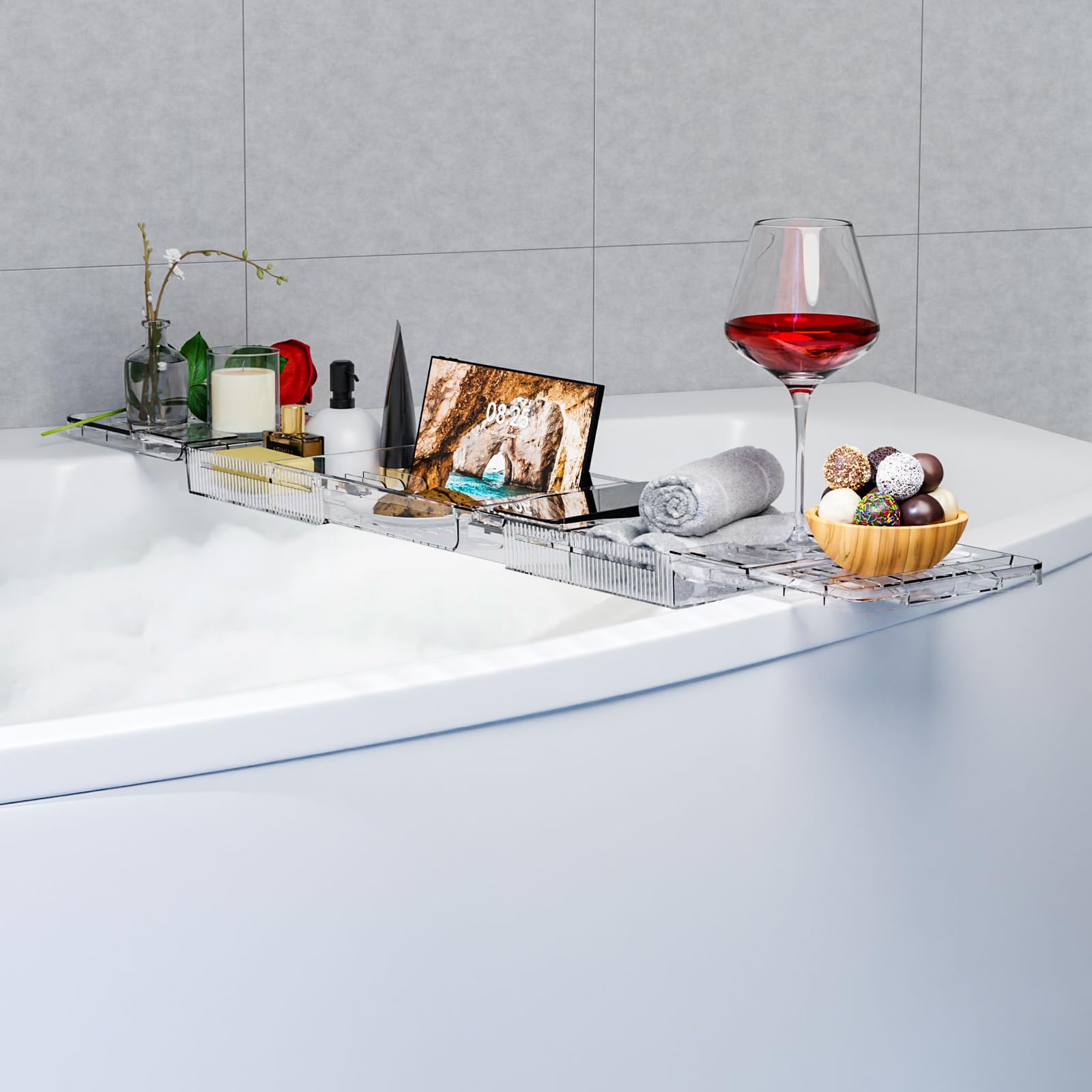 Vassoio per Vasca da Bagno Allungabile in Plastica Trasparente 80-120cm - Mensola con Porta Libro, iPad, Candela - Accessori Relax