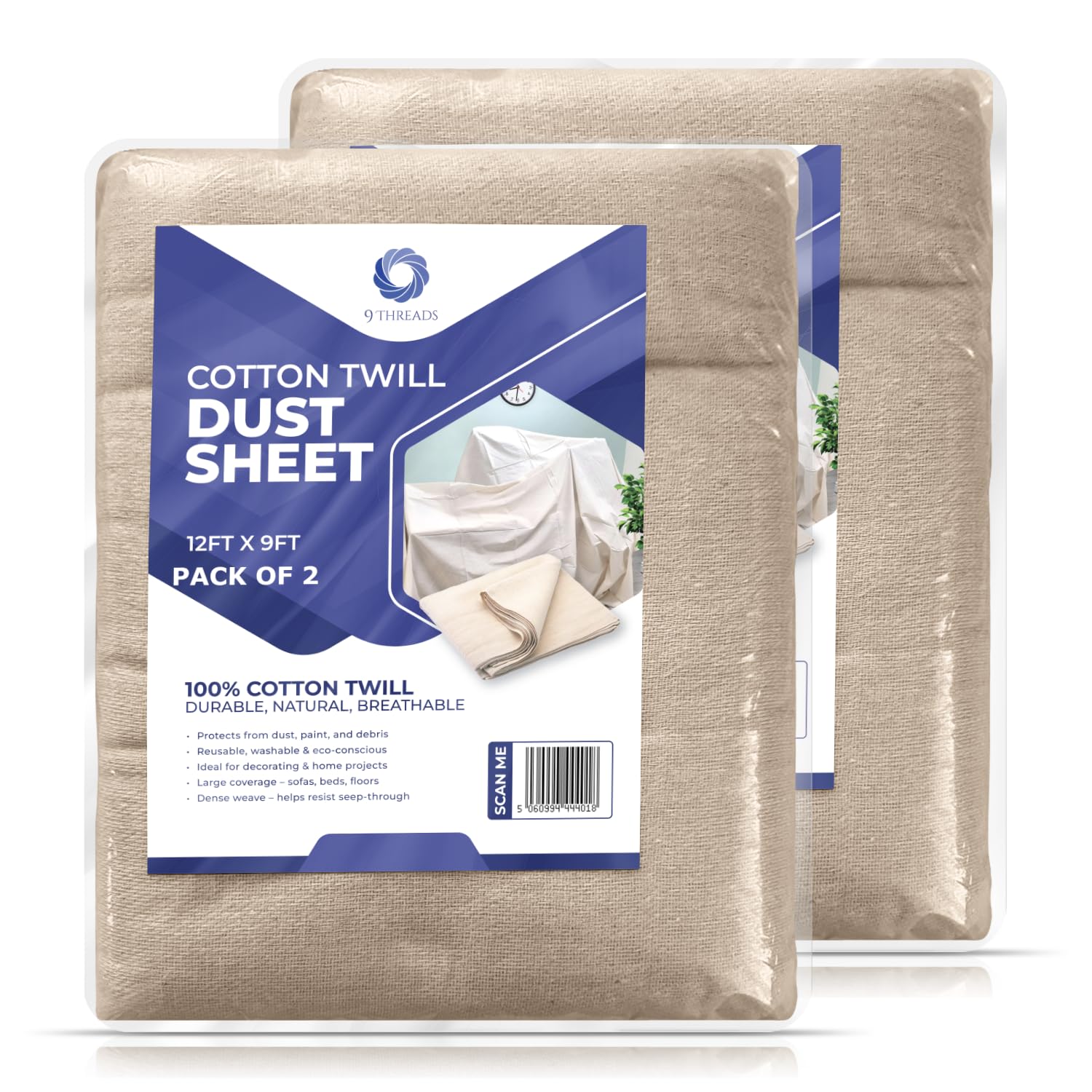 9Threads Cotton Dust Sheets 12'x9' (Pack of 2) | Heavy-Duty Cotton Twill Drop Cloths | Washable & Reusable for Decorating, Furniture & Floor Protection