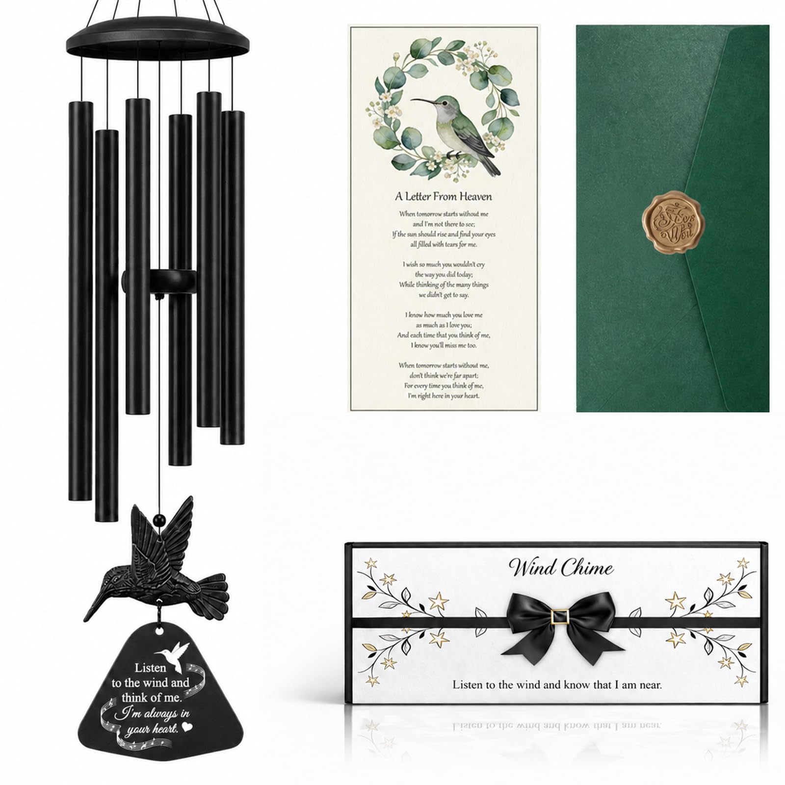 36" Memorial Wind Chimes for Outside, Sympathy Gift for Loss of Loved One, Hummingbird Wind Chime for Mom Dad, Bereavement Remembrance Funeral Condolence Gift（Black）